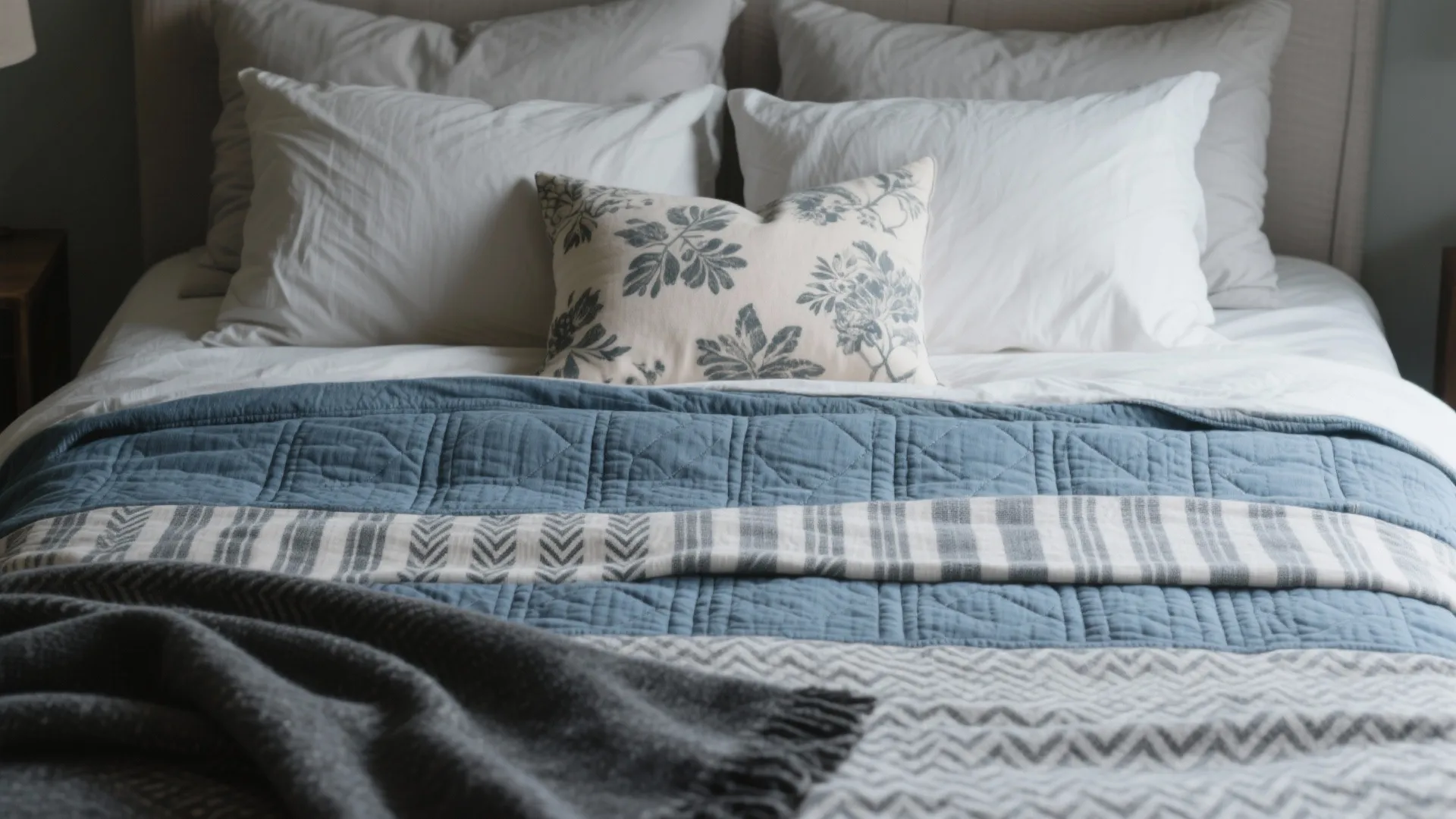 3) Layer bedding and patterns like a wardrobe