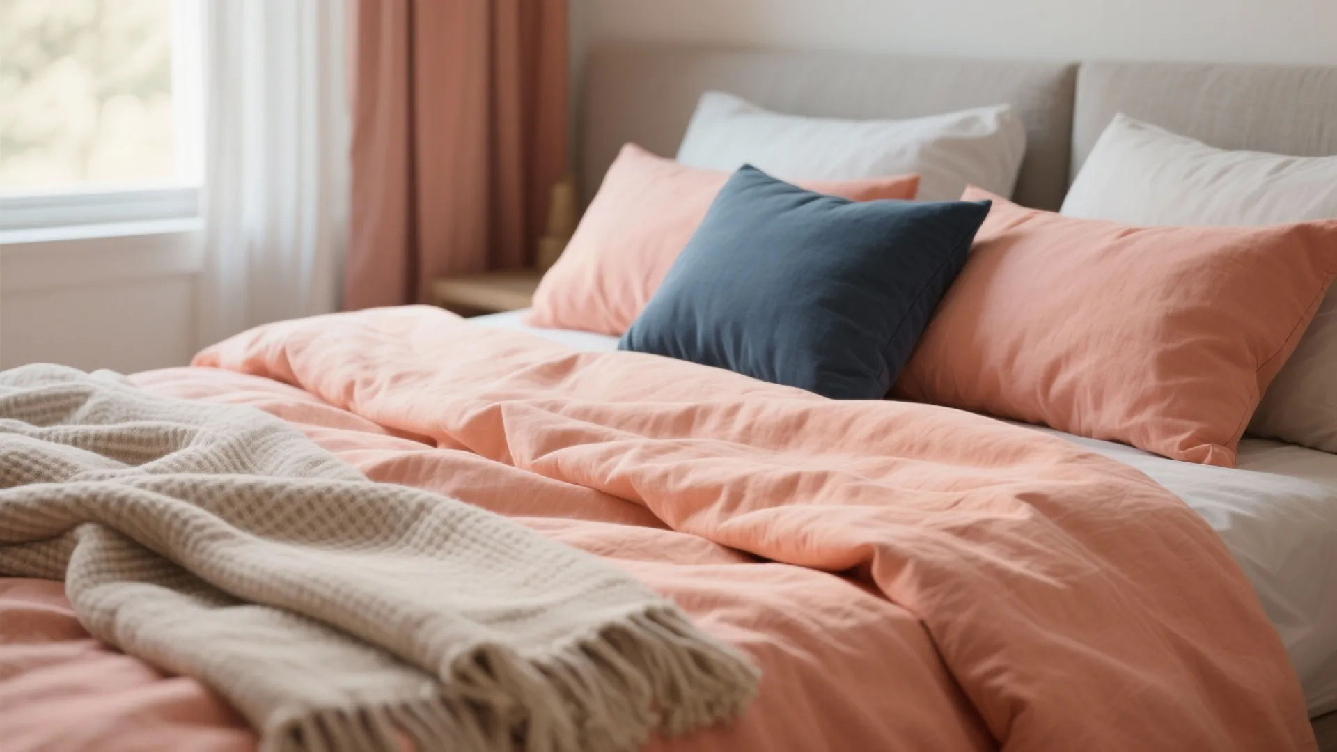 Close-up of layered coral and peach bedding with linen textures and a navy throw pillow.