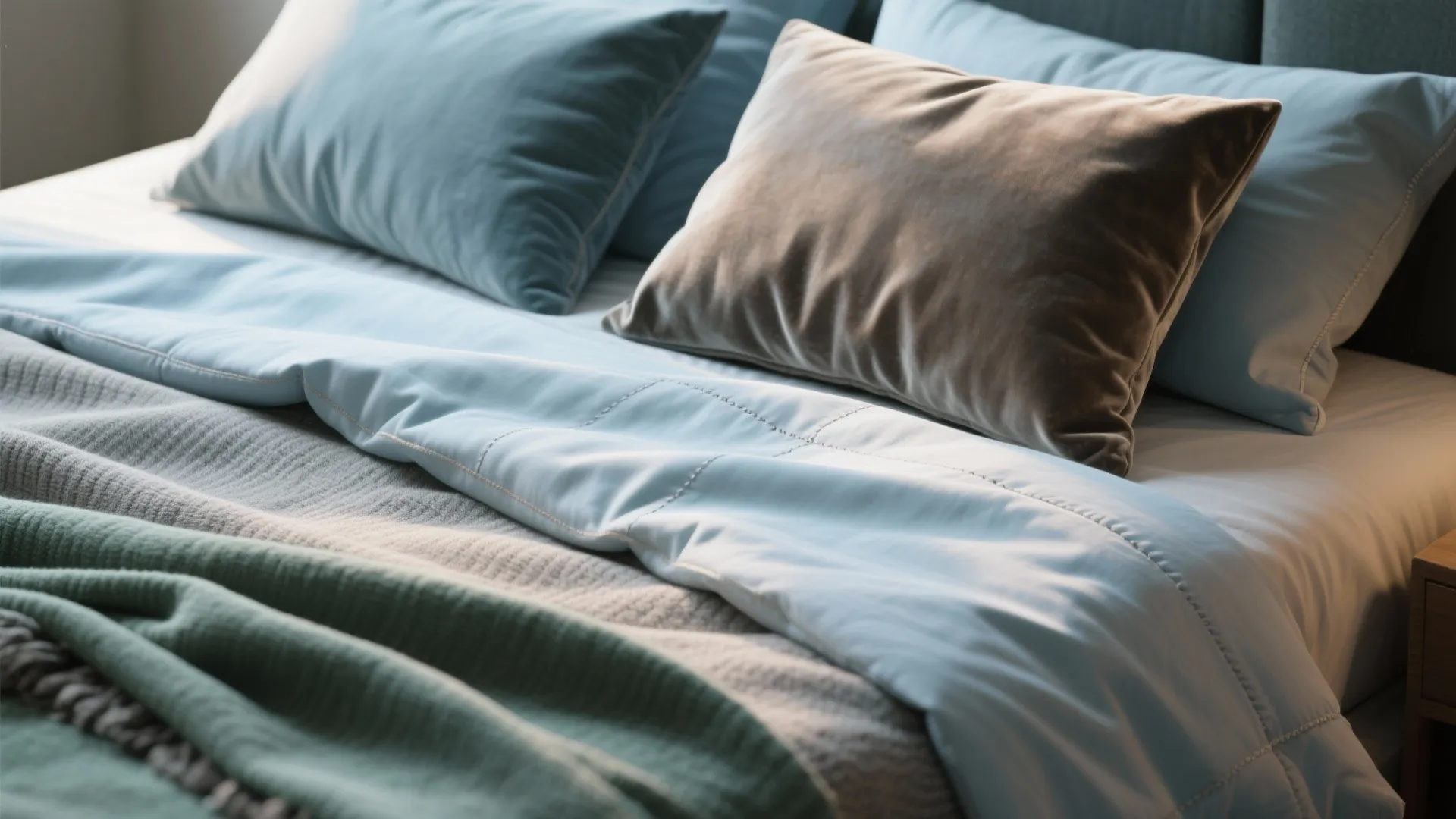 Close up of soft blue and green bedding with multiple pillows on a comfortable modern bed
