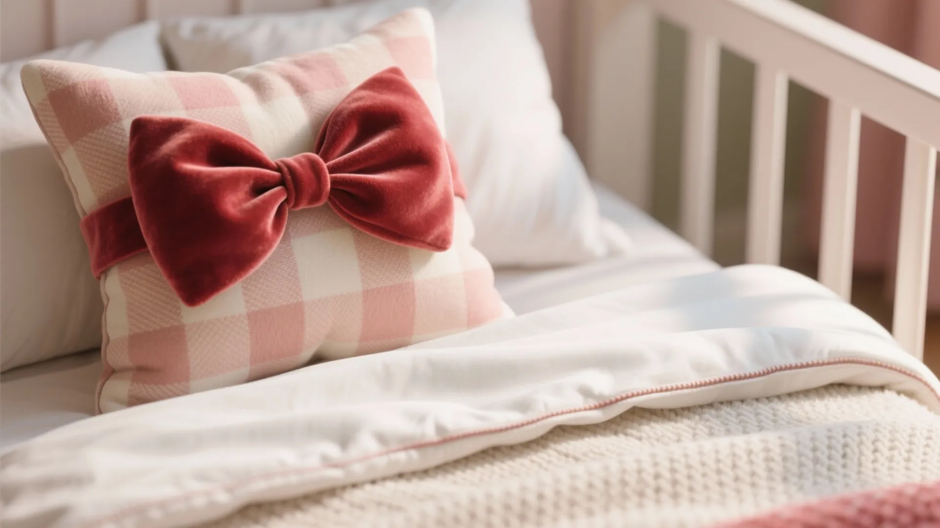 Close-up of layered bedding with a velvet bow pillow, gingham throw, and crisp white sheets showing fabric textures.