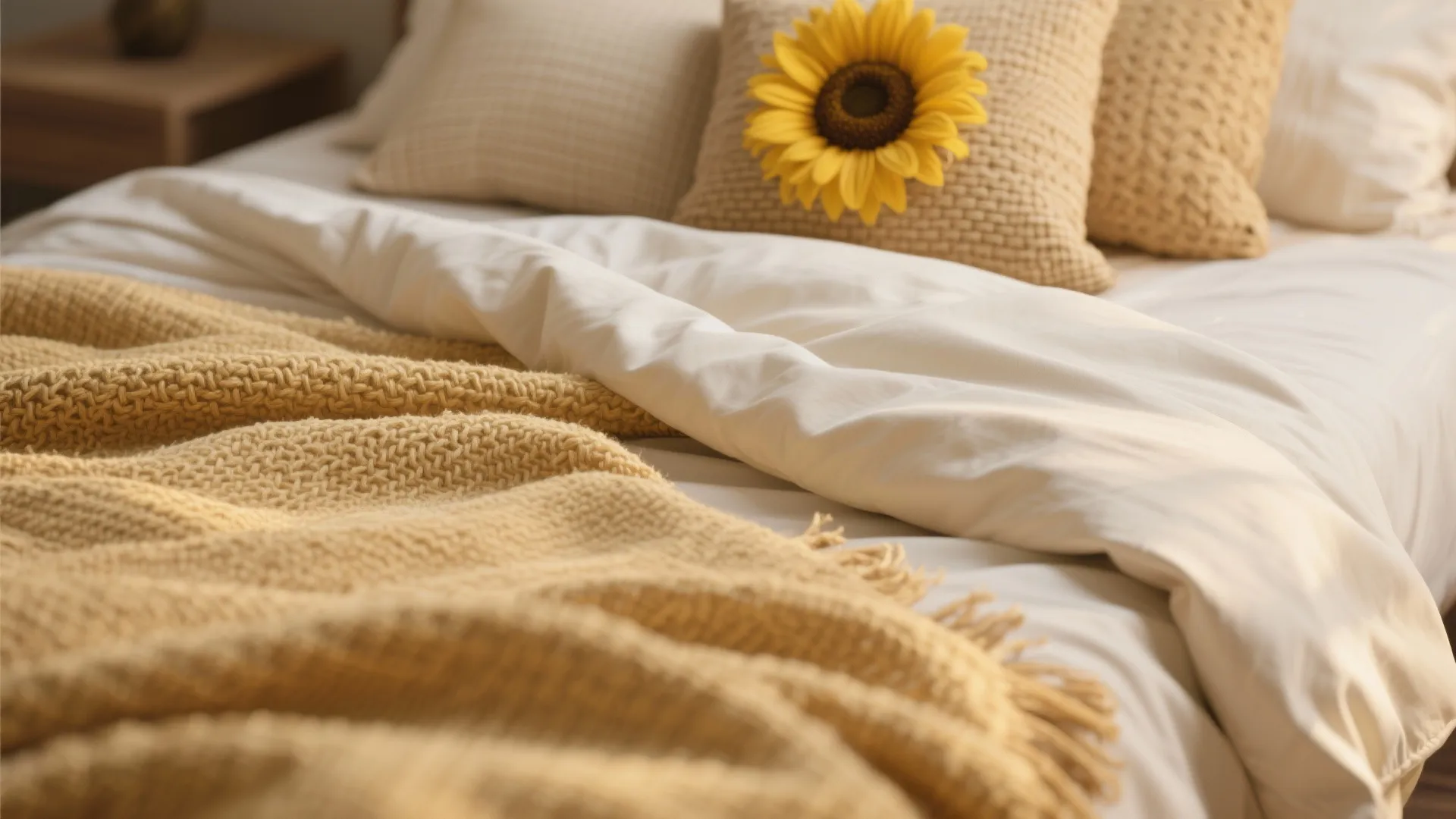 Cozy bed with white sheets yellow knitted blanket and decorative pillows featuring a sunflower detail