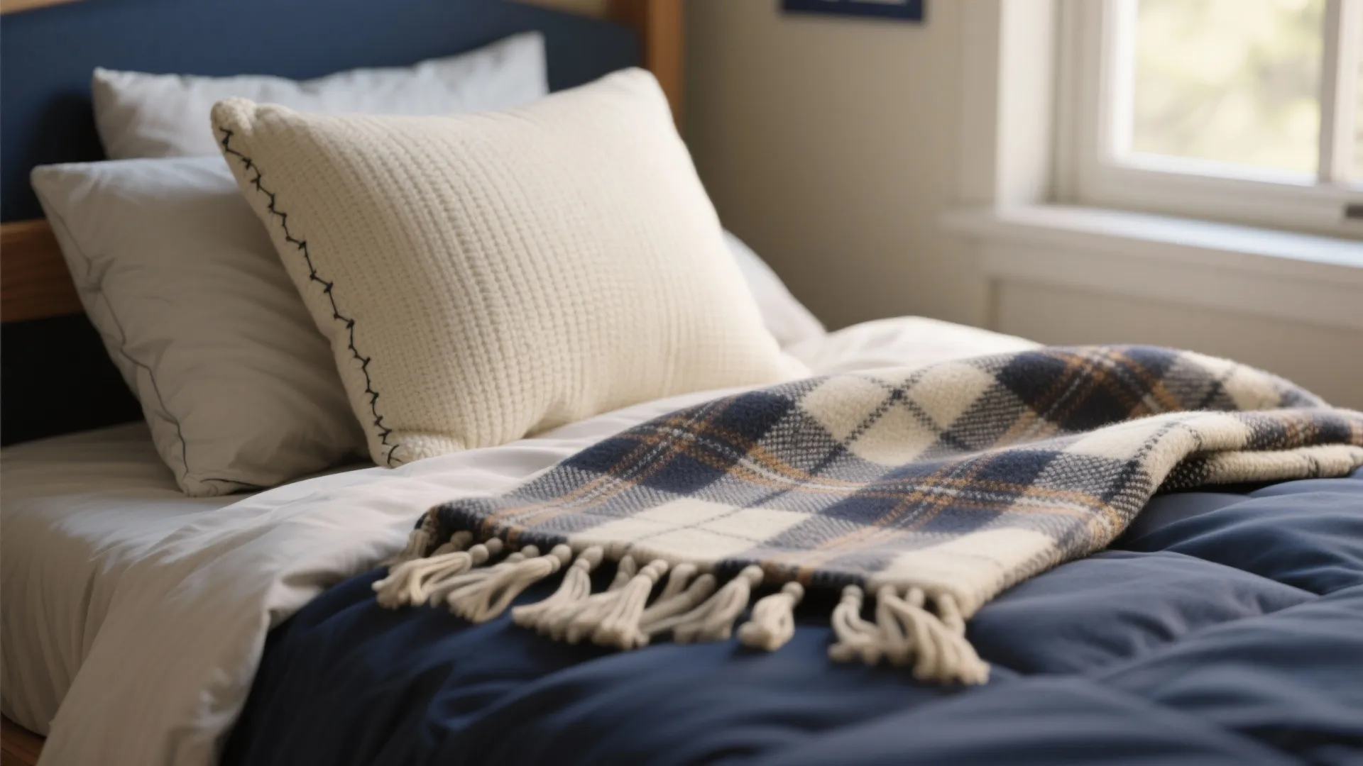 Close up of layered bedding with white pillows a plaid blanket and blue comforter set