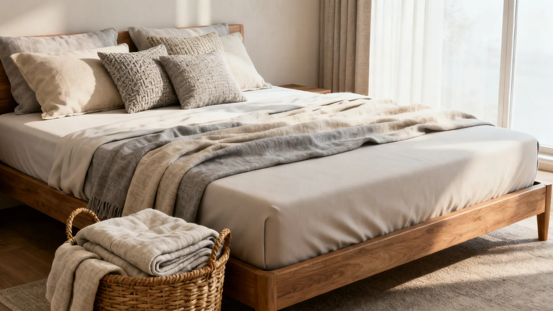 Guest bed with quality topper, layered blankets, pillows and a spare duvet in a basket.