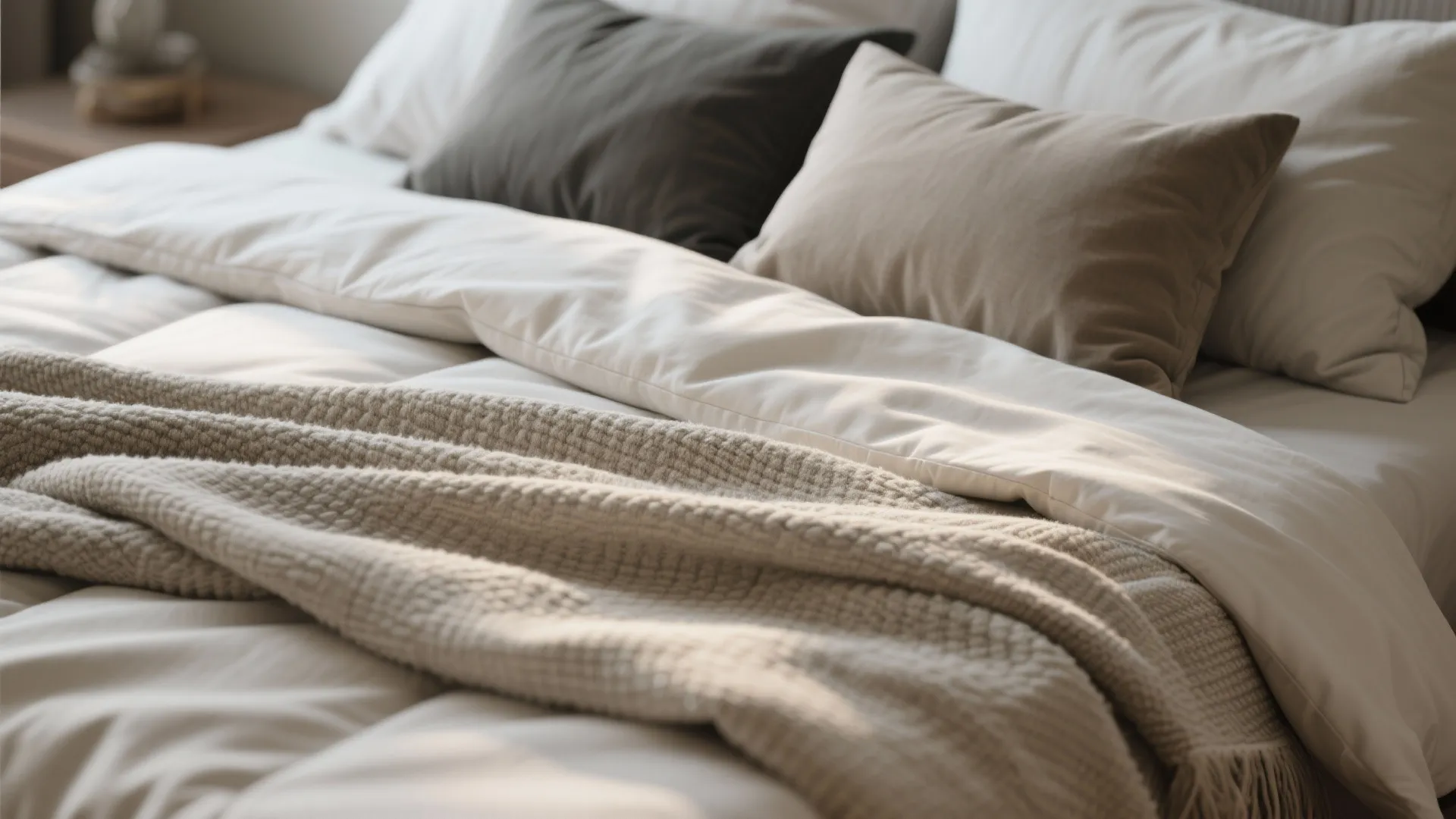 Close-up of layered bedding with textured throw and contrast pillows