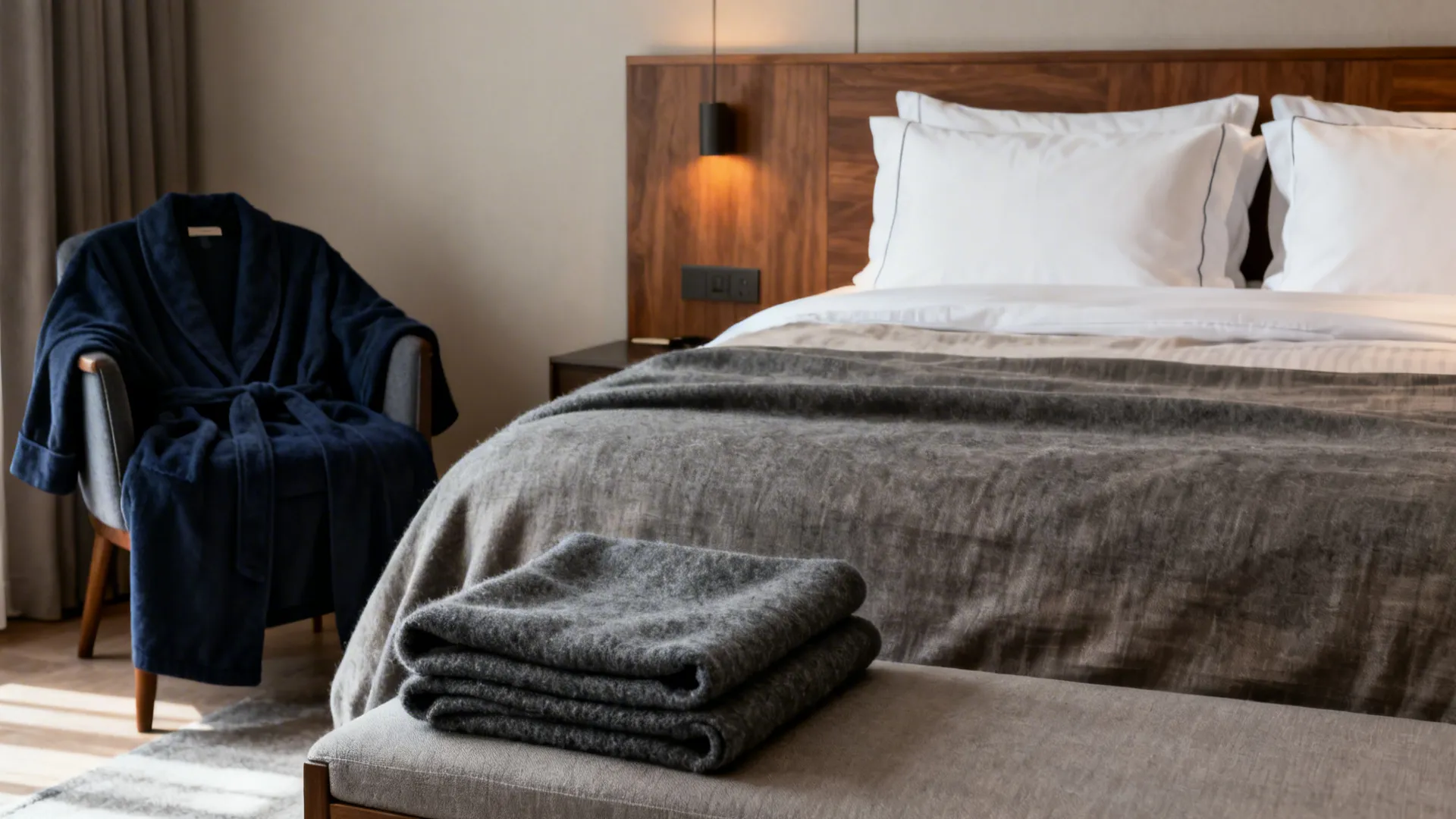 Masculine layered bedding with a charcoal throw and navy robe in a modern hotel room.