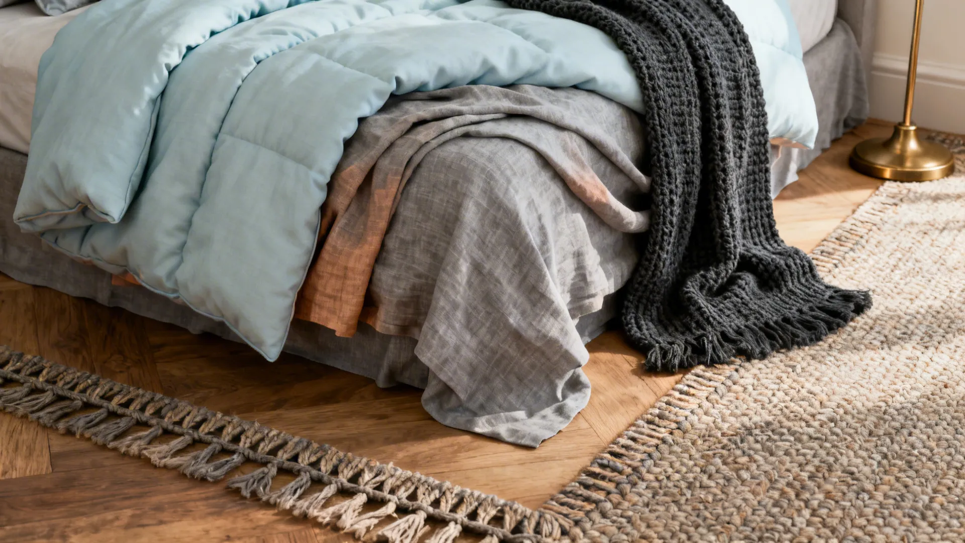 Close-up of pale blue duvet, warm gray sheets and charcoal throw with textured rug and brass lamp.