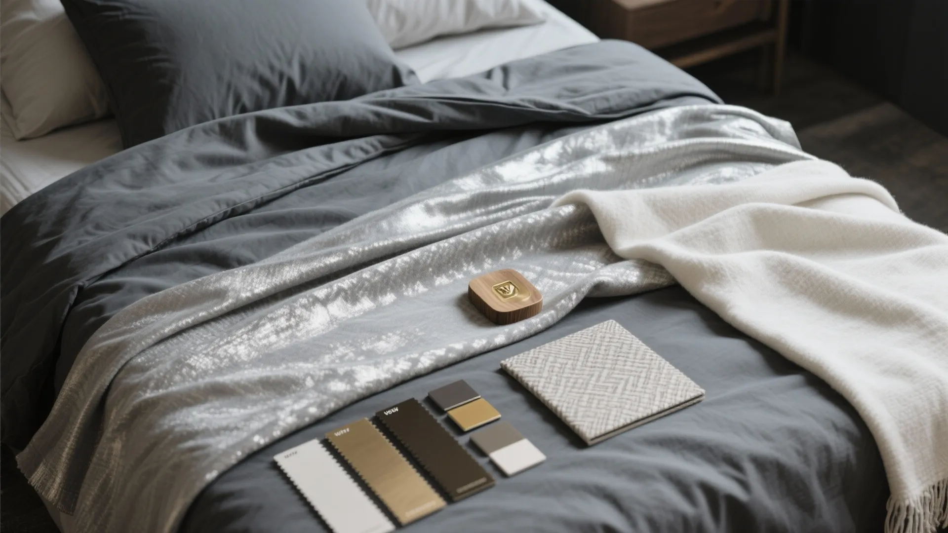 Grey bed with silver throw and material color swatches placed on top of the blankets