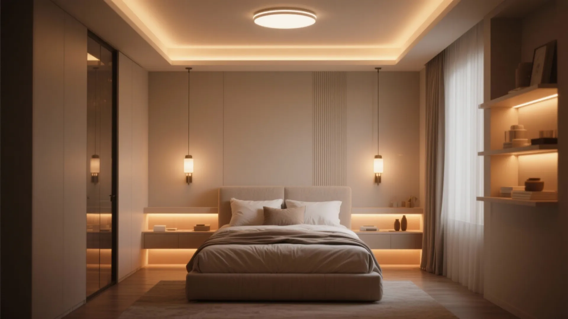 Modern bedroom featuring warm ceiling light and wall lights beside bed with soft white pillows