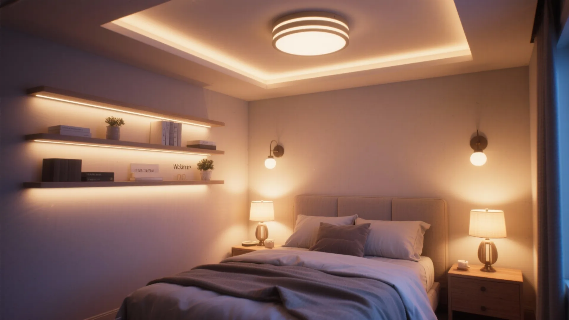 Cozy bedroom featuring layered lighting with a ceiling light wall lights and soft shelf light