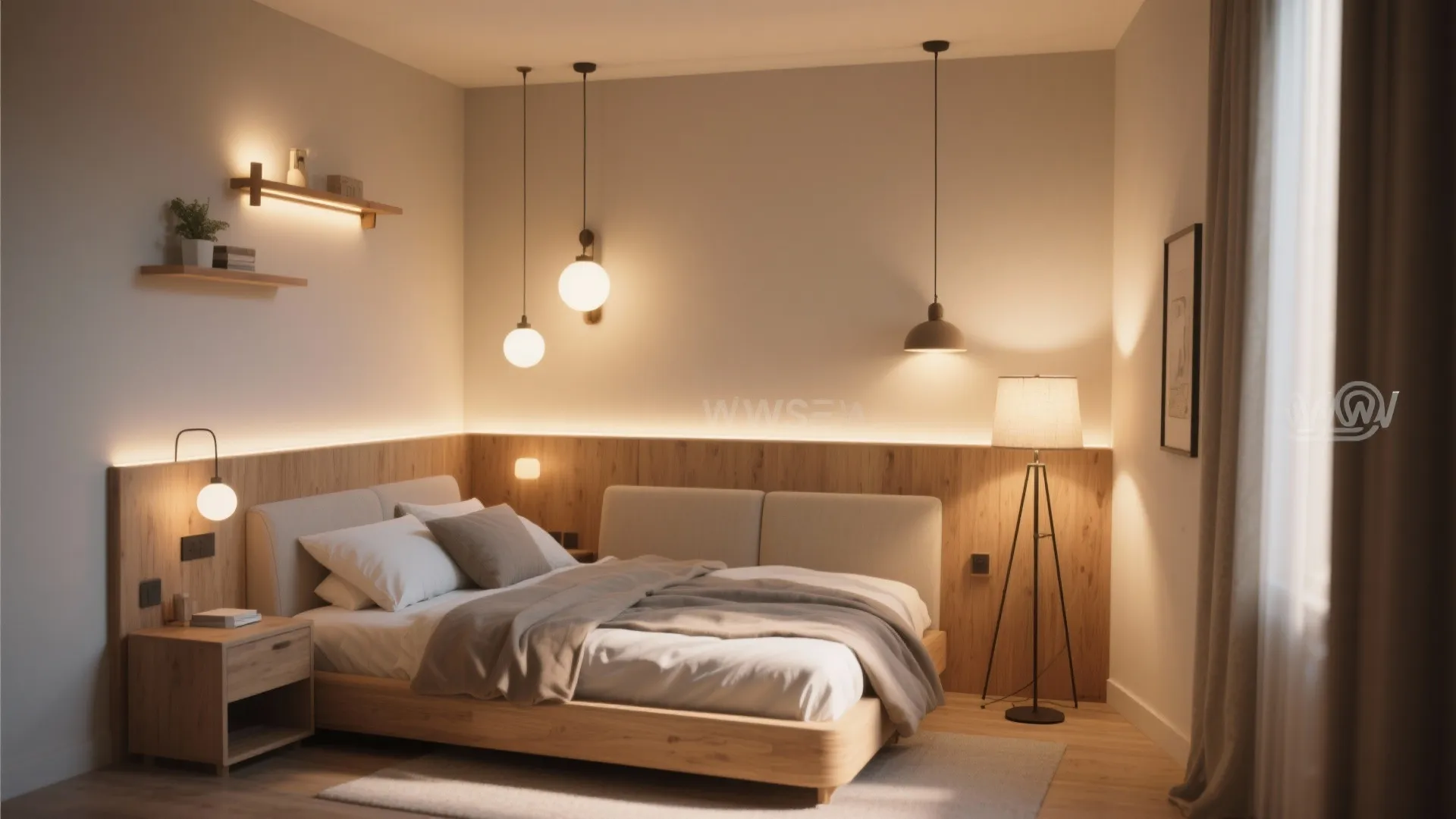Small bedroom with sconces, pendant, and floor lamp lighting
