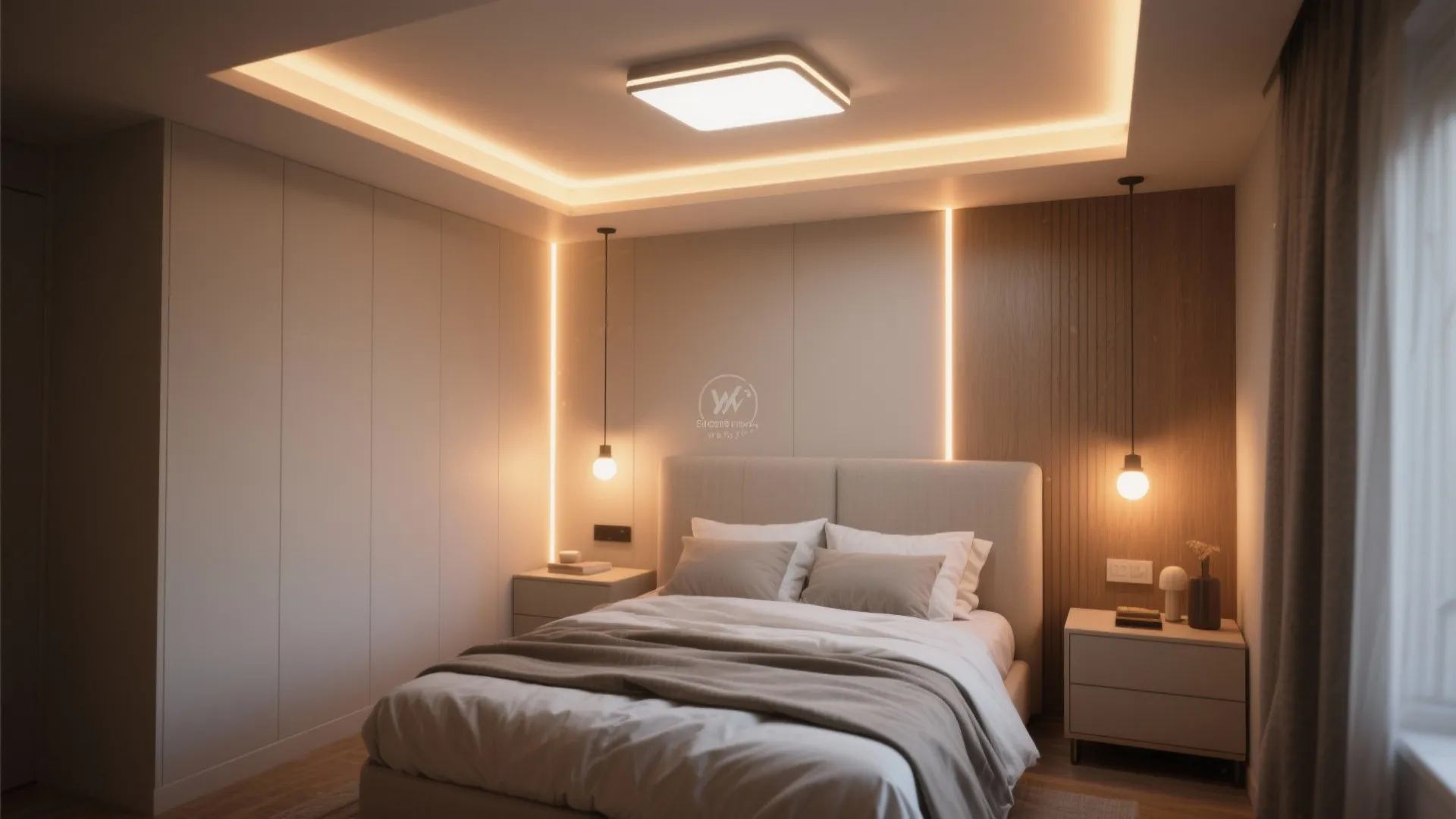 Modern bedroom design featuring layered lighting with a square ceiling light and glowing warm lights