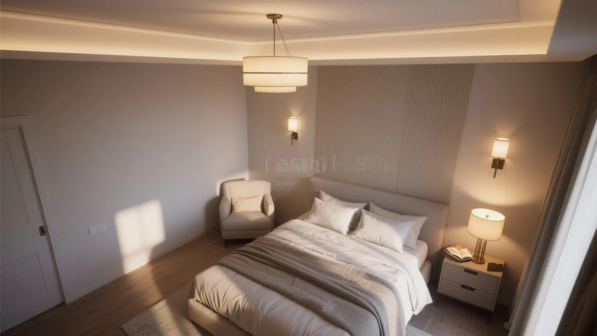 Warm bedroom interior with a ceiling light and wall lights plus a small bedside lamp