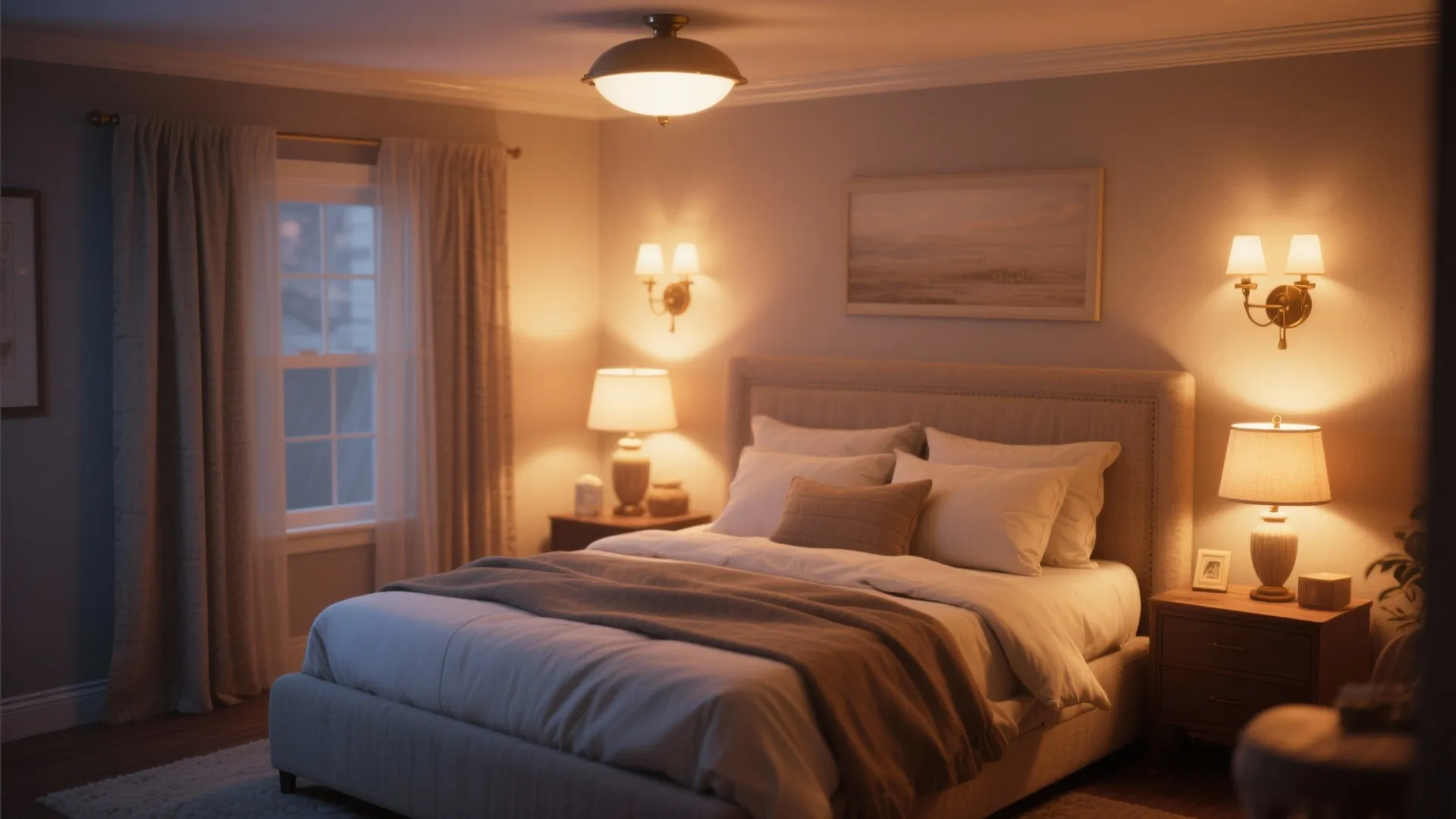 Layered lighting setup in a medium-sized bedroom with warm glow