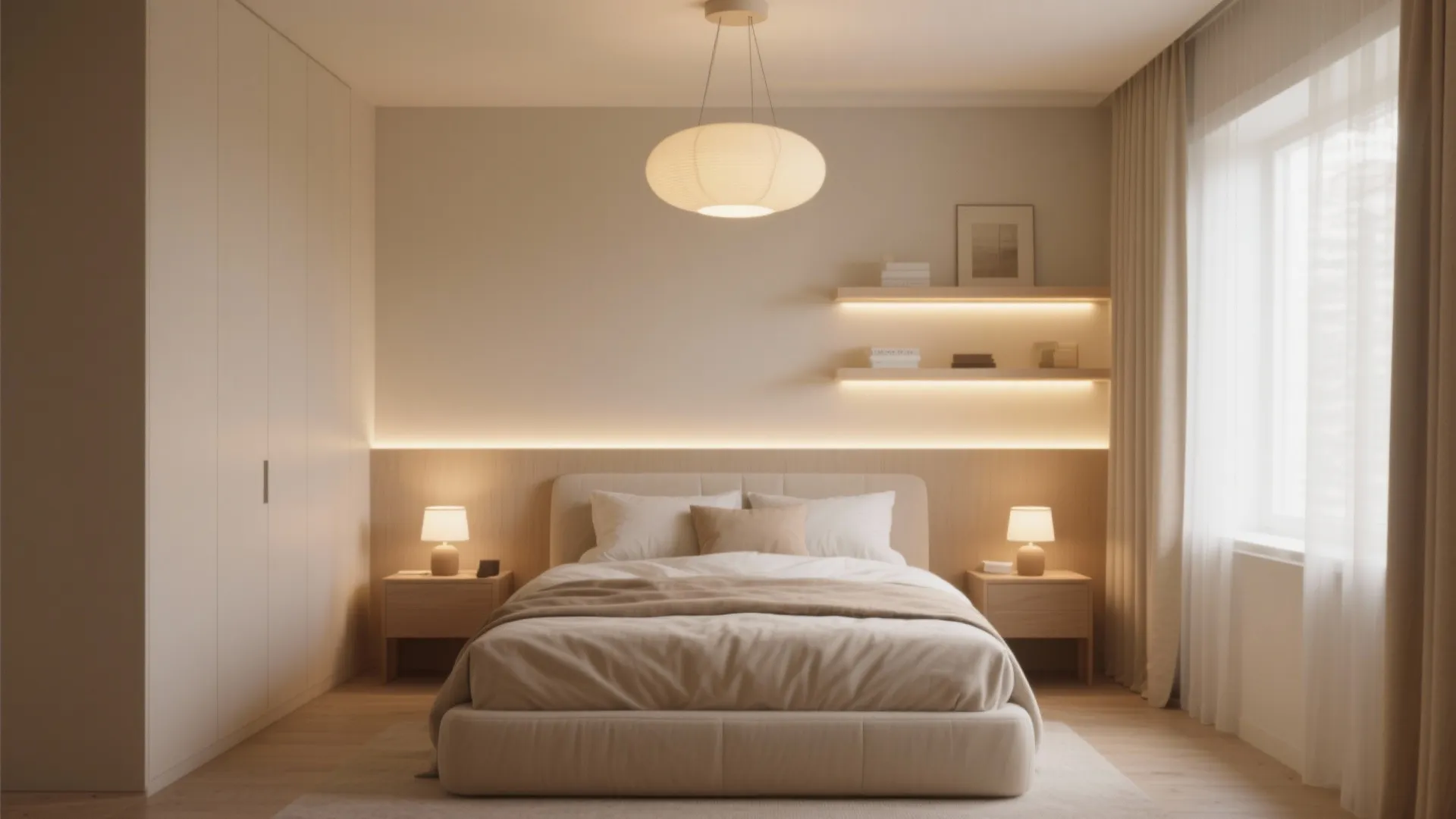 Minimalist bedroom design with warm layered lighting from ceiling light wall lights and bedside lamps
