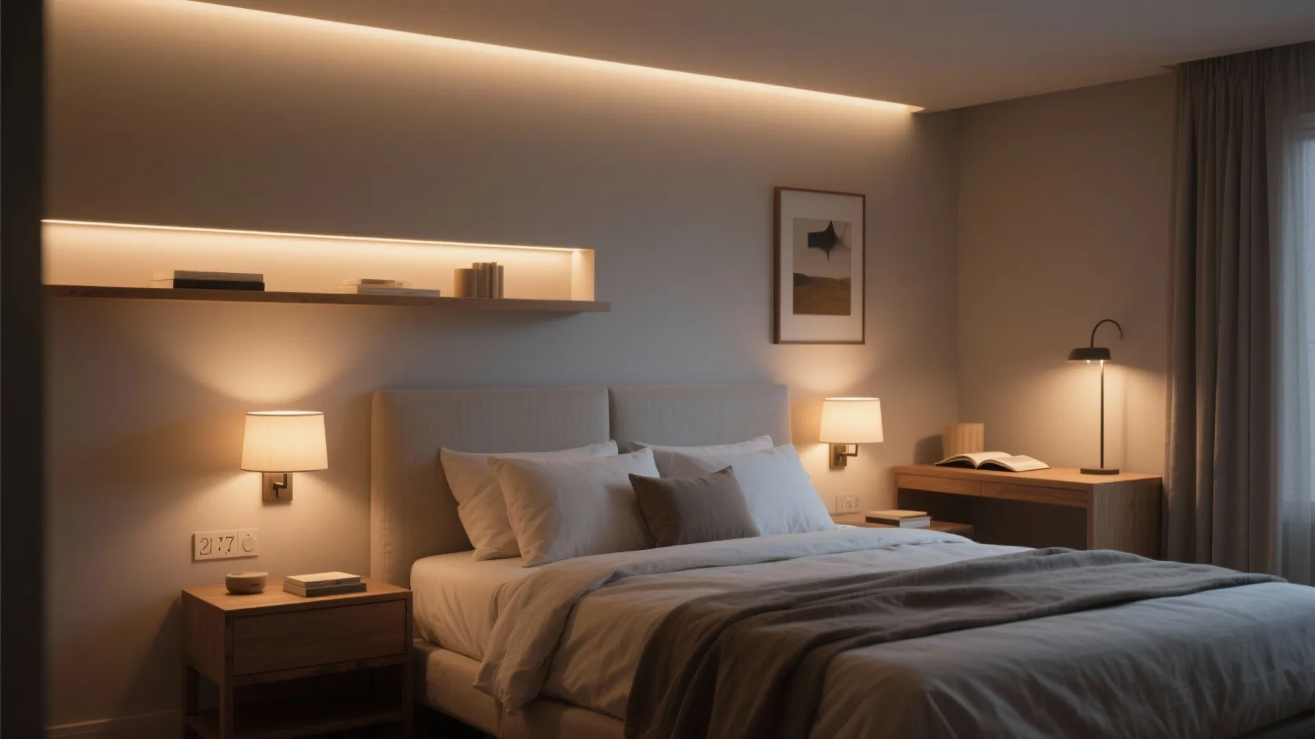 Layered bedroom lighting with warm sconces, indirect cove glow, and a small art accent creating low-glare ambience.
