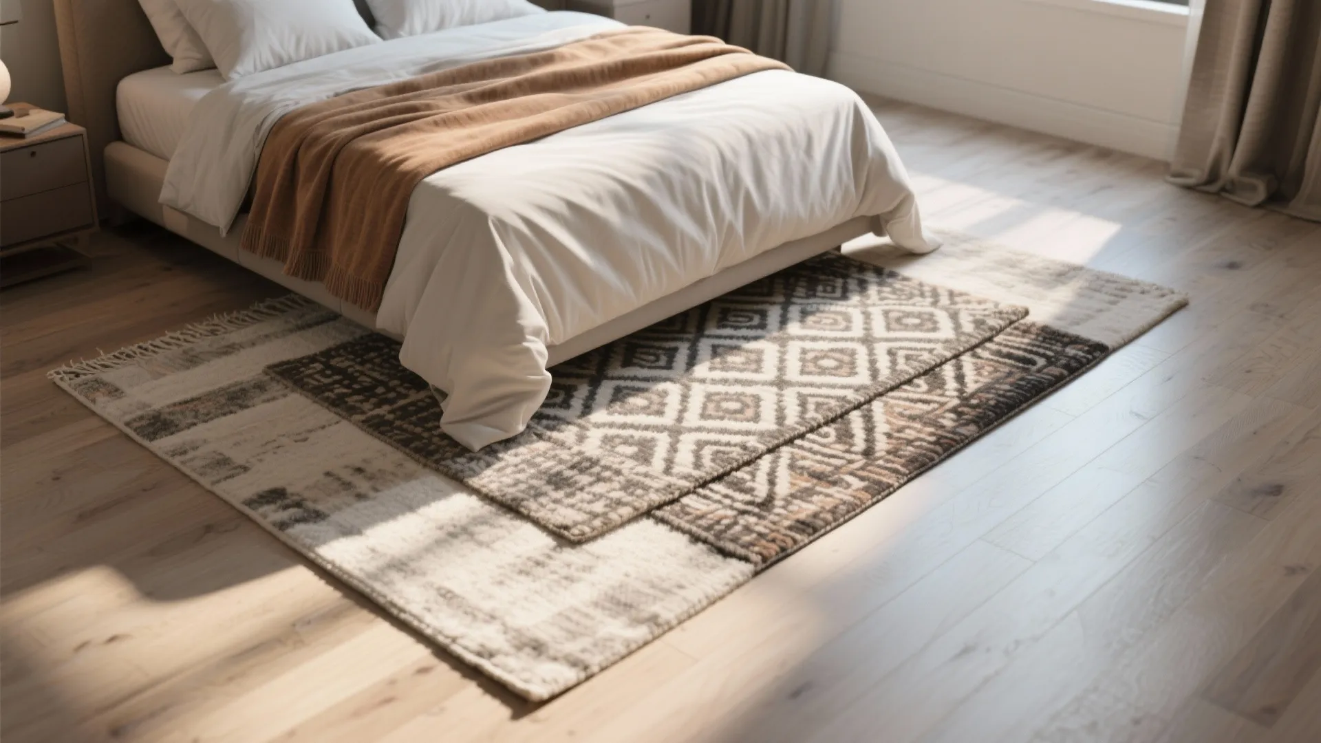 Close up of patterned rugs under a bed with wooden floor and bright natural light
