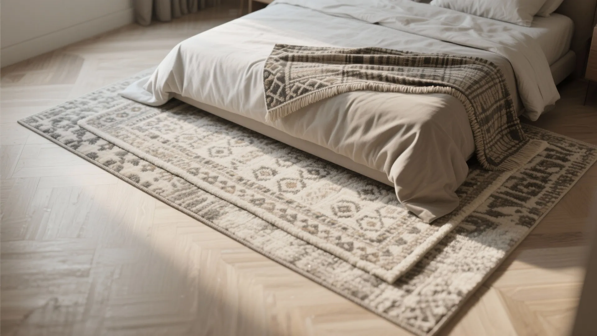 Layered rugs adding warmth and style in a bedroom