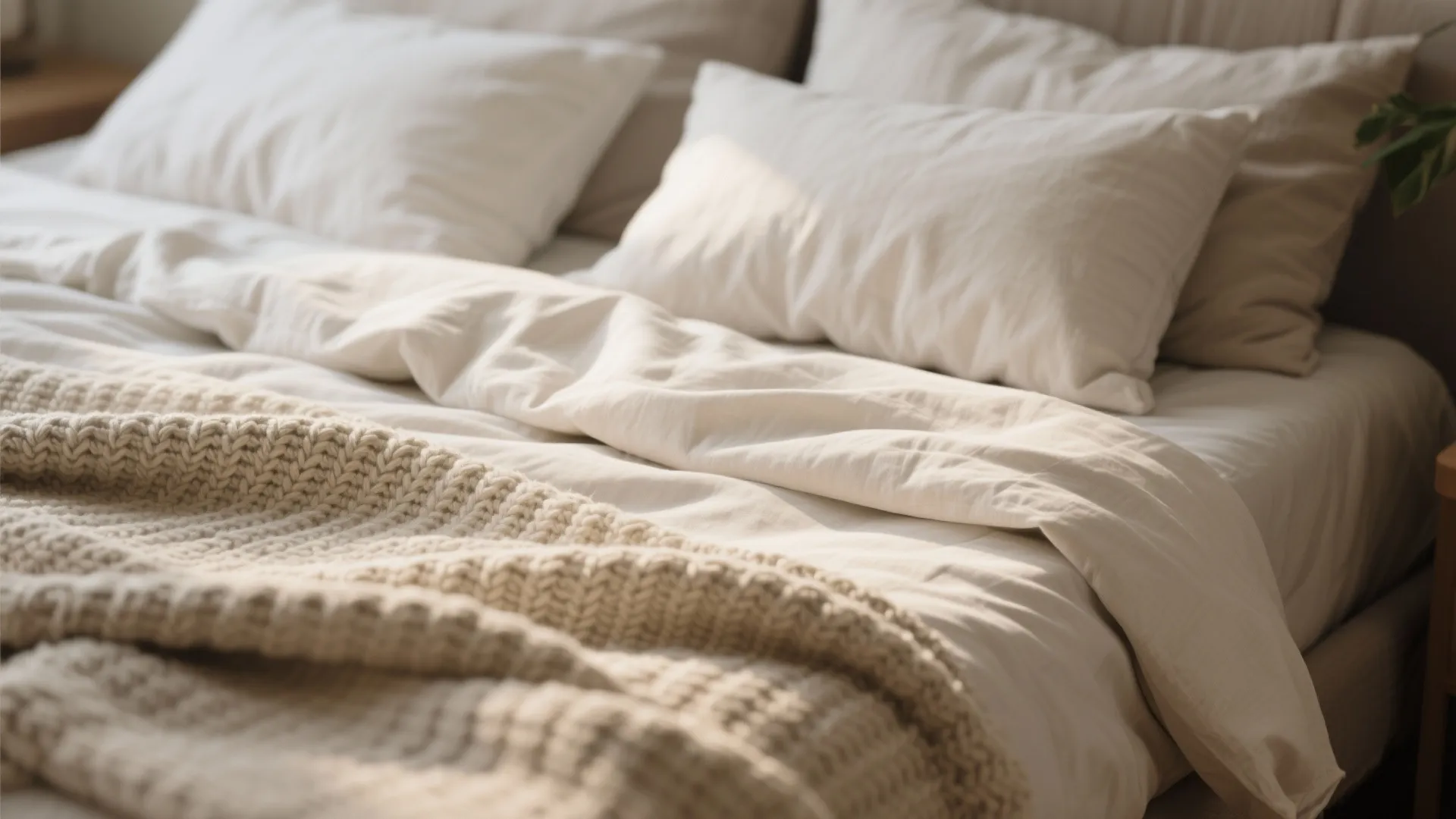 Close up of comfortable bed with white pillows soft cream blankets and textured knitted throw