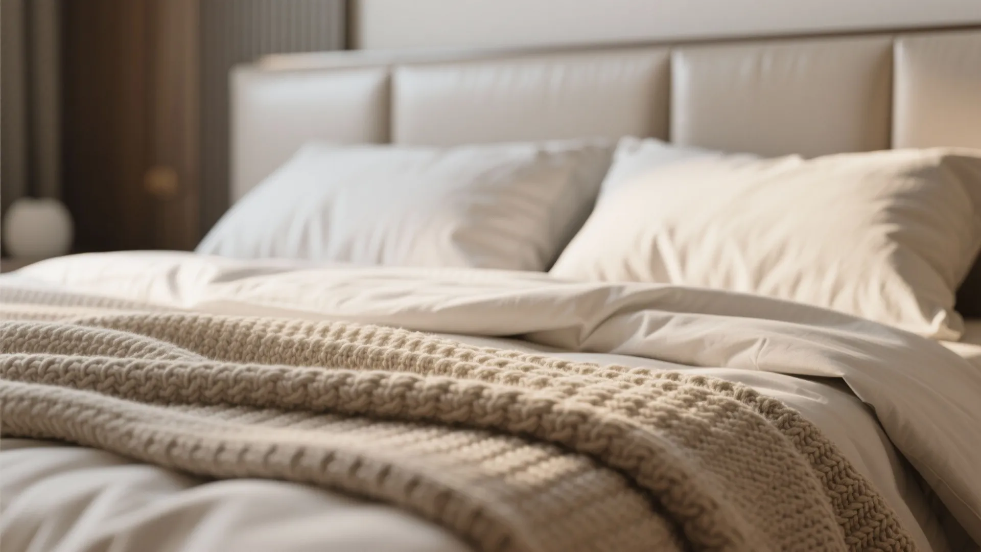 Close-up of linen bedding, knitted throw, and upholstered headboard
