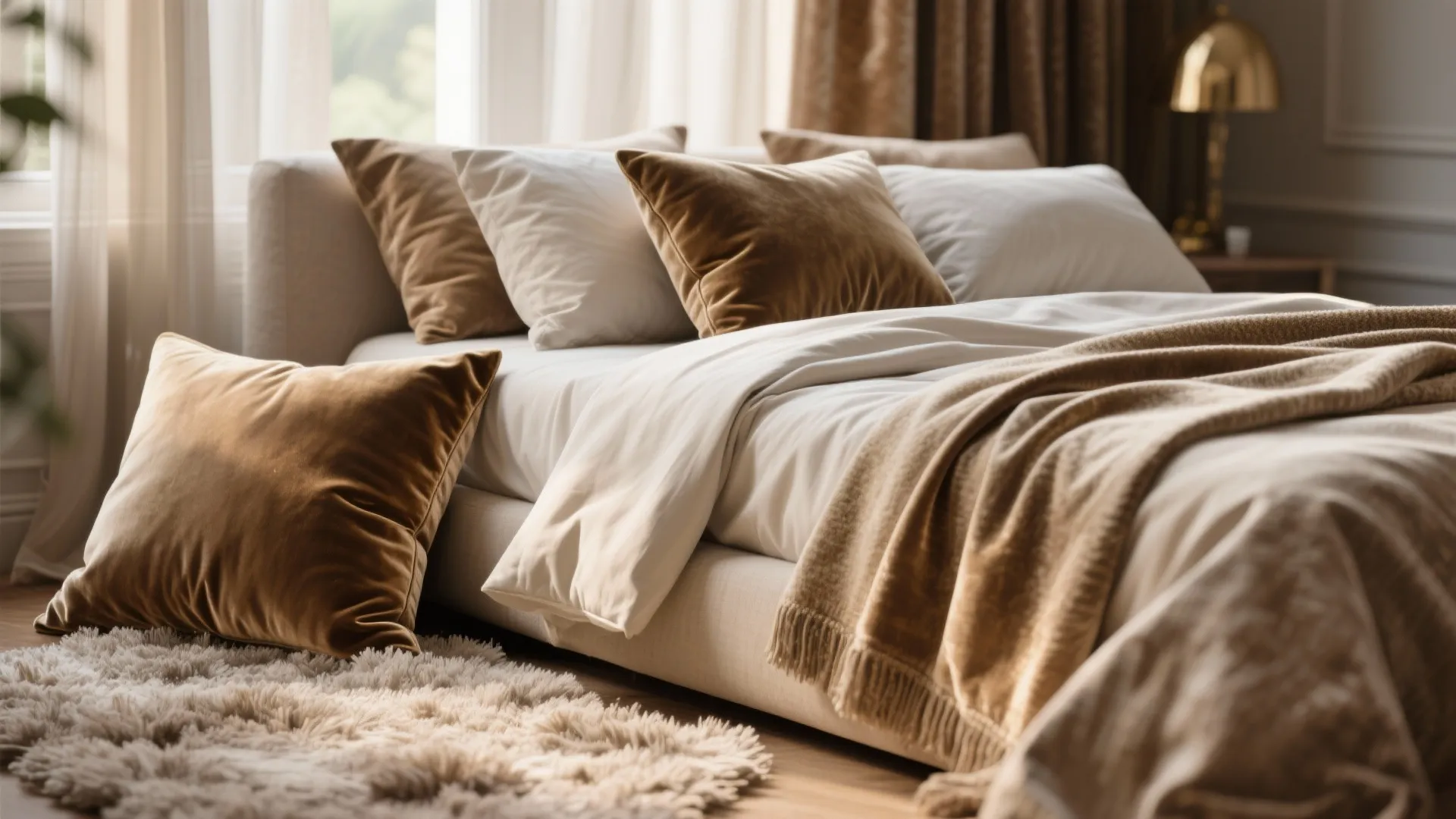 Close up view of cozy bedroom bedding with brown velvet pillows and soft beige blankets