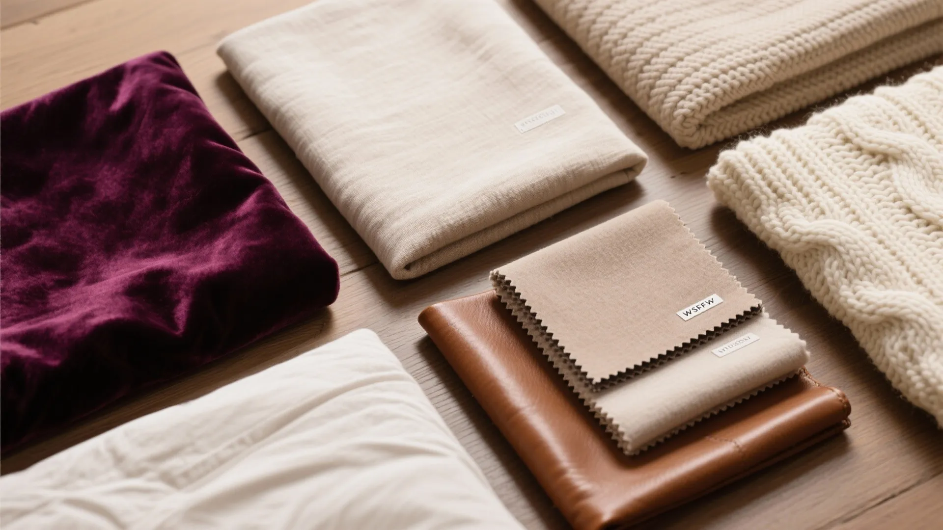 Various bedroom fabric textures including velvet, linen, knit, and leather