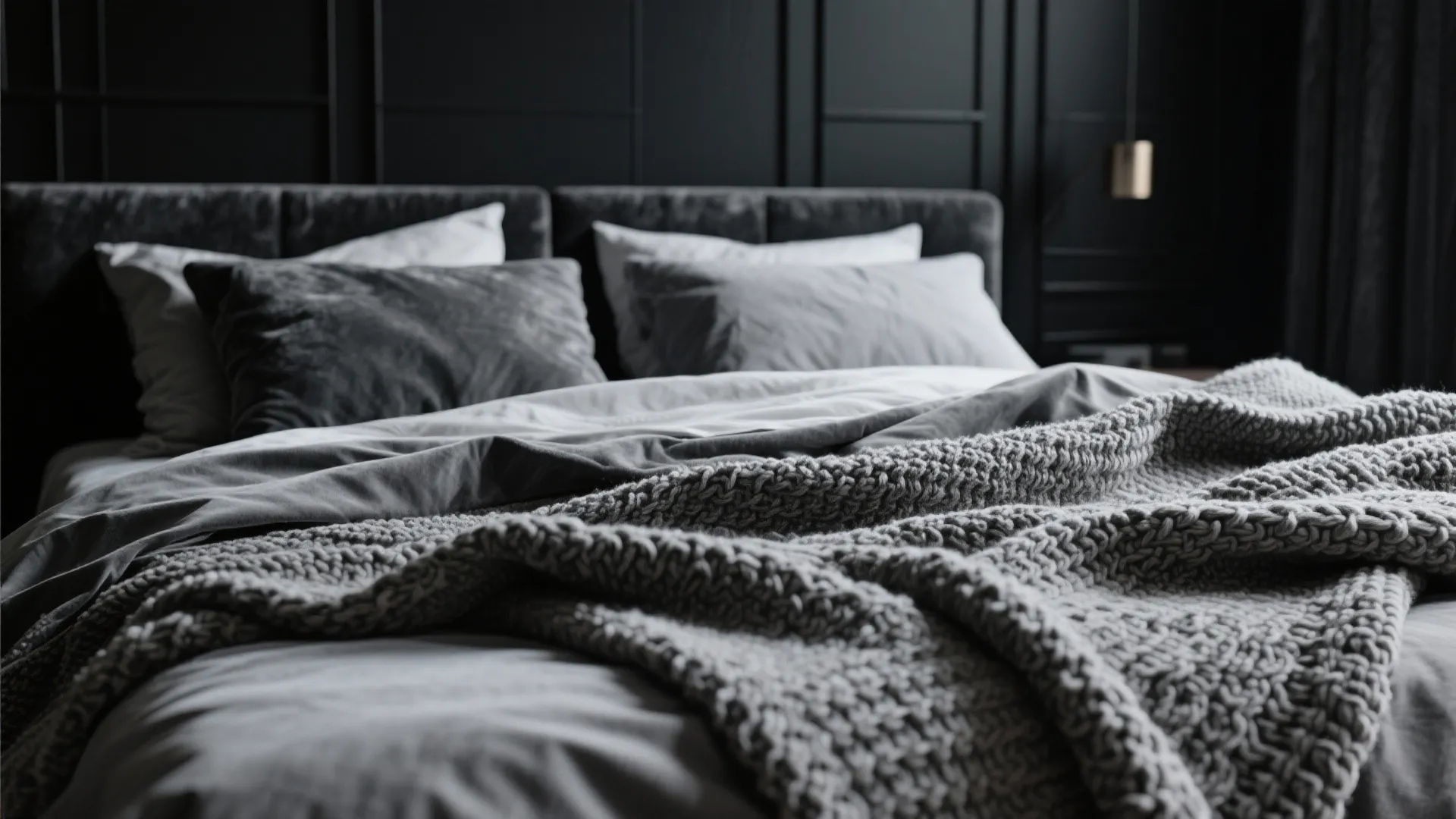 Close-up of a dark grey bed with soft pillows and a chunky knit wool blanket