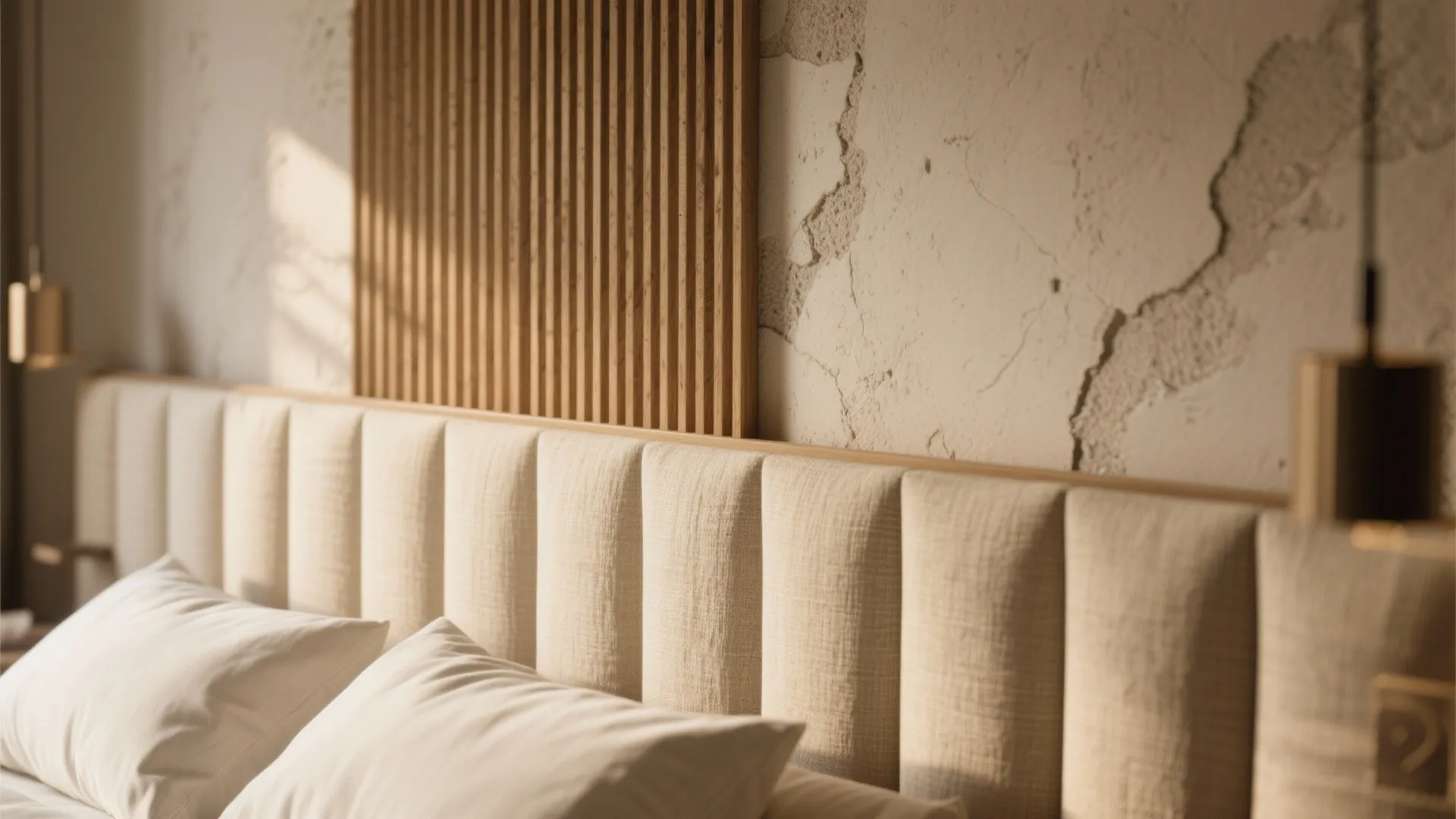 Close up of a cream fabric headboard with vertical wood wall panels and textured plaster