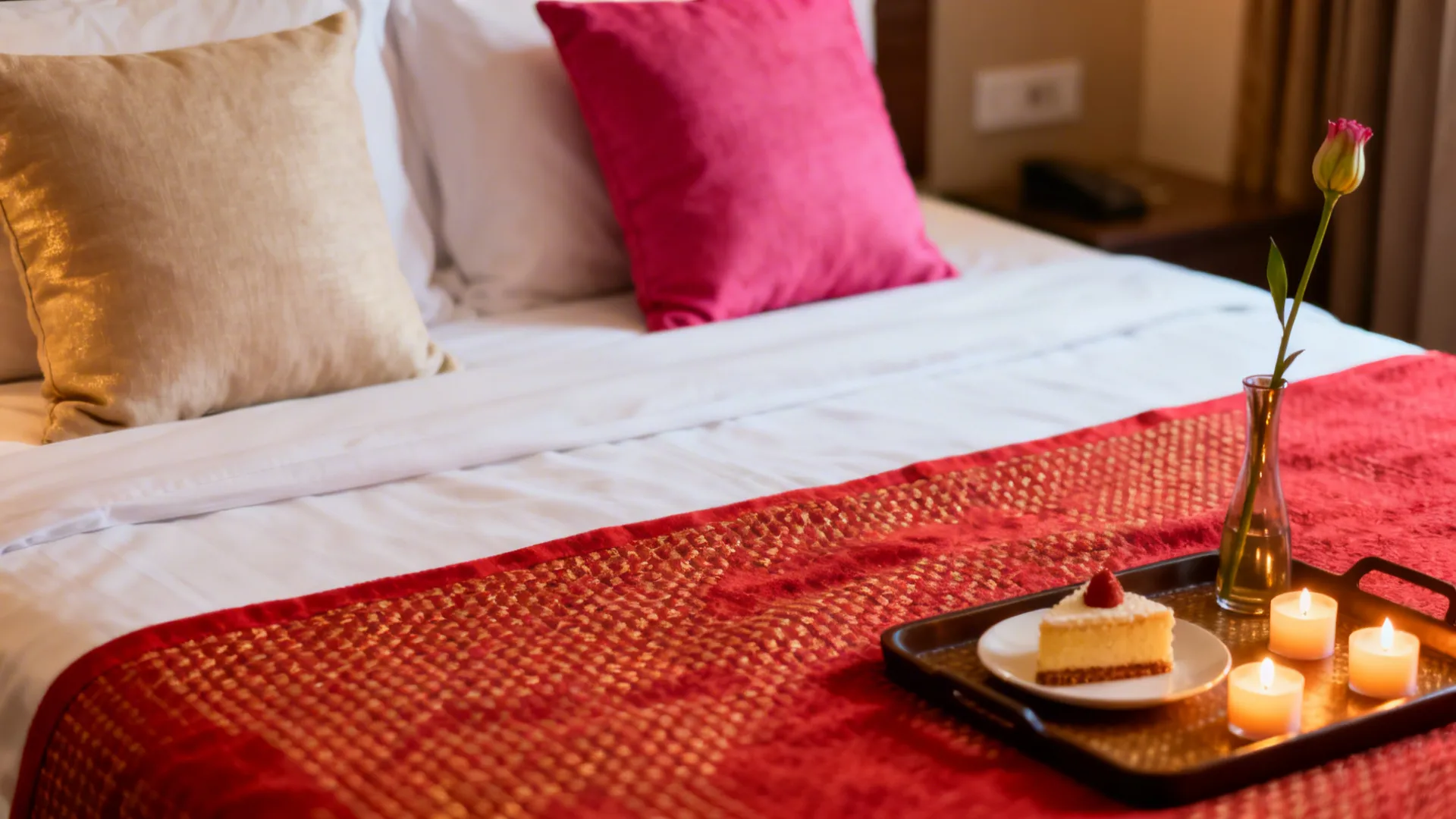 Vermilion runner, contrasting cushions, and a small tray with LED tealights on a hotel bed.
