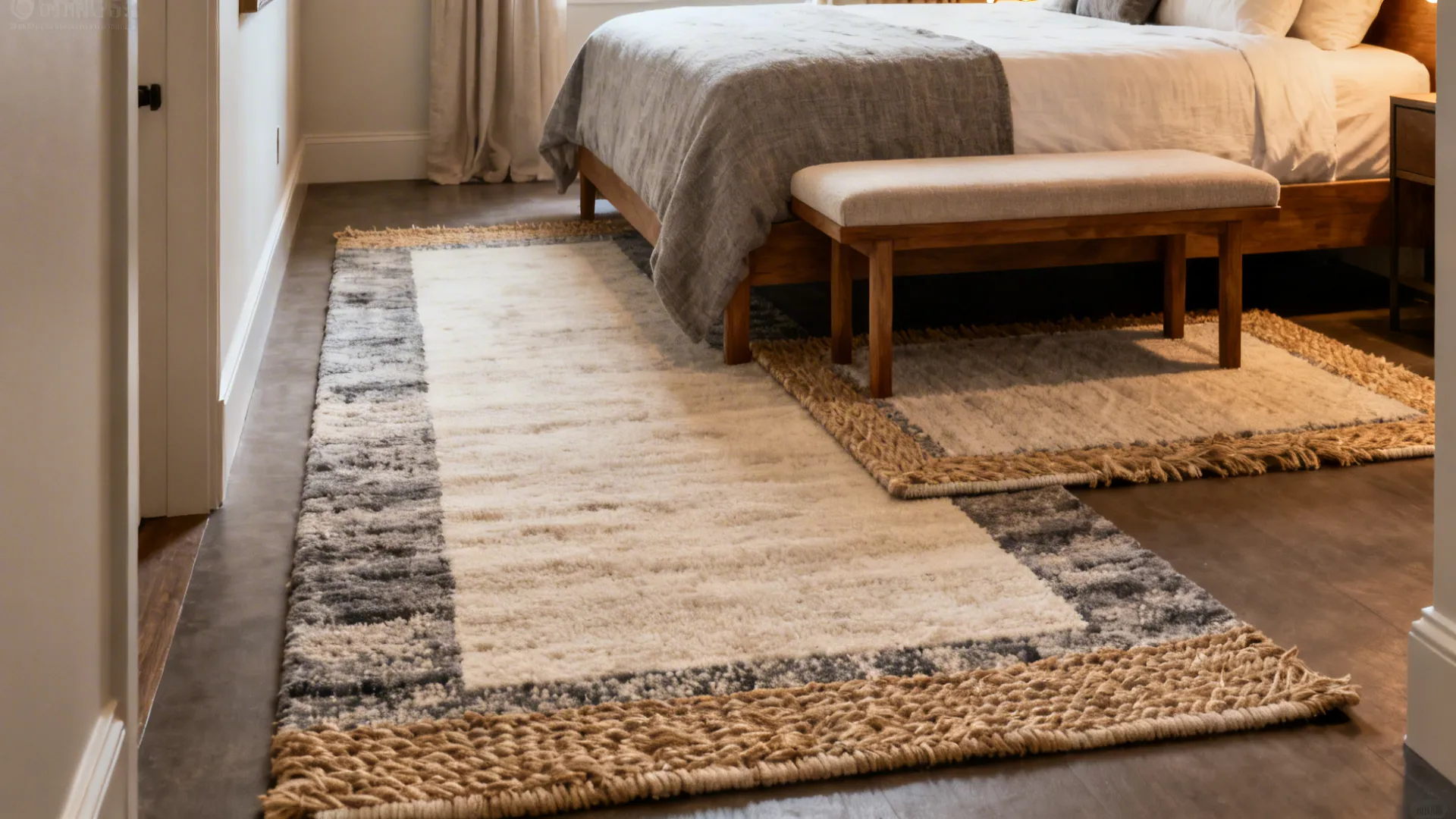Layered small rugs: bench rug at foot and bedside rug at one side of a queen bed creating zones