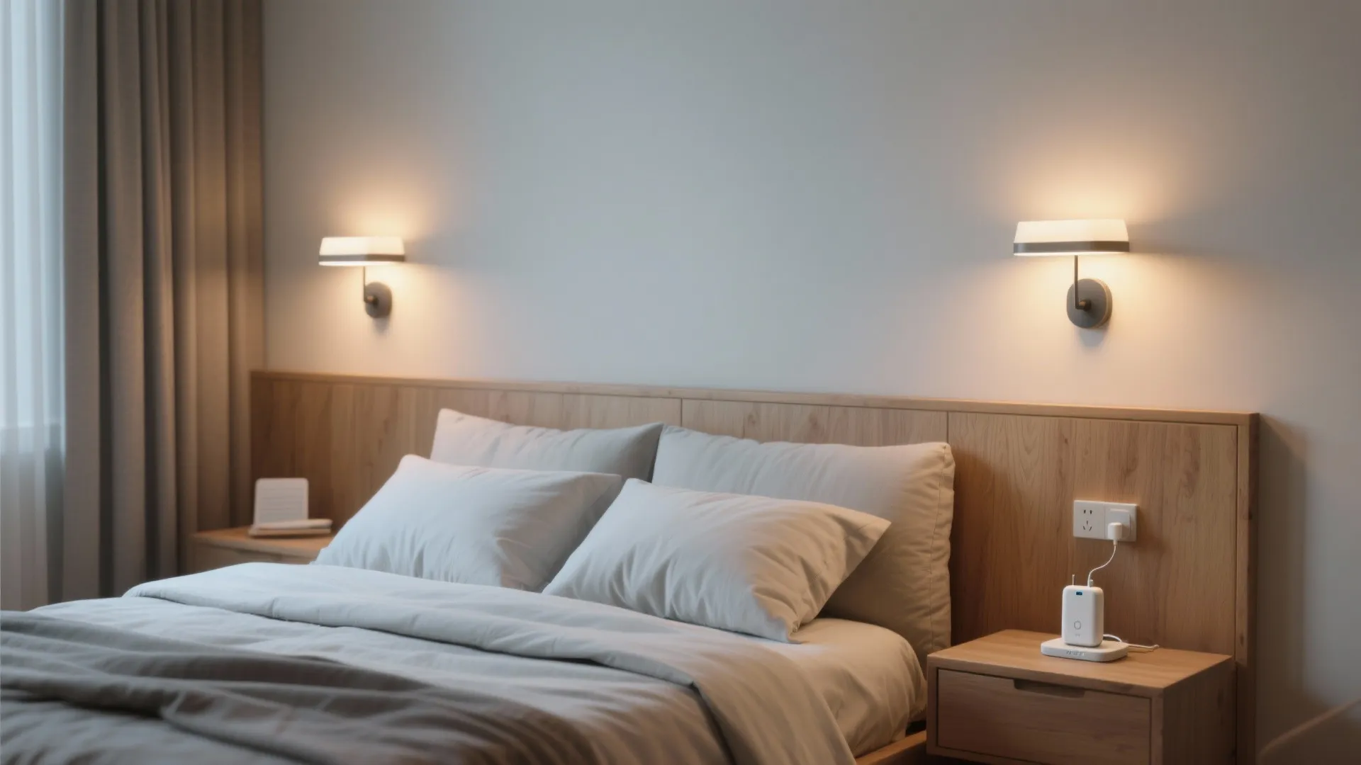 Bedroom with dimmable rechargeable wall lights above headboard and a bedside charger station.