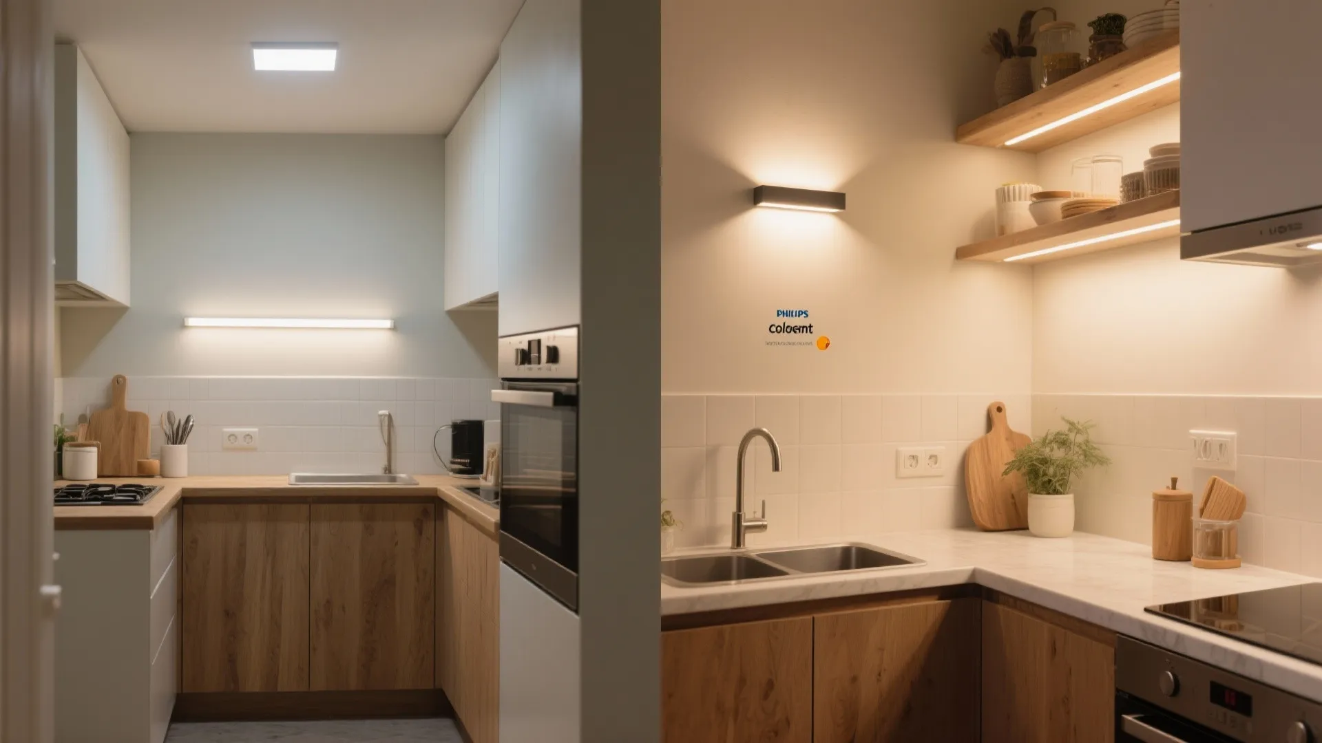 Before-and-after showing single-layer lighting versus layered Comet circuits in a tiny kitchen.
