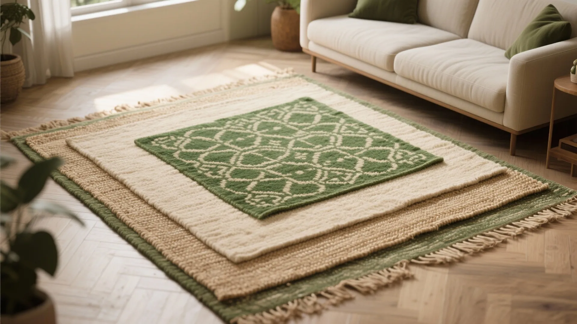Layered rugs with green and beige patterns on light wood floor next to cream sofa
