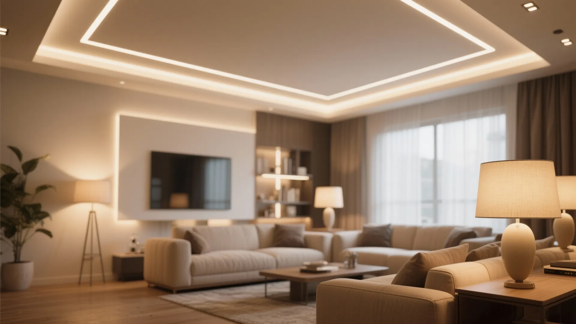 Modern living room featuring beige sofa wood flooring television warm ceiling light and table lamp