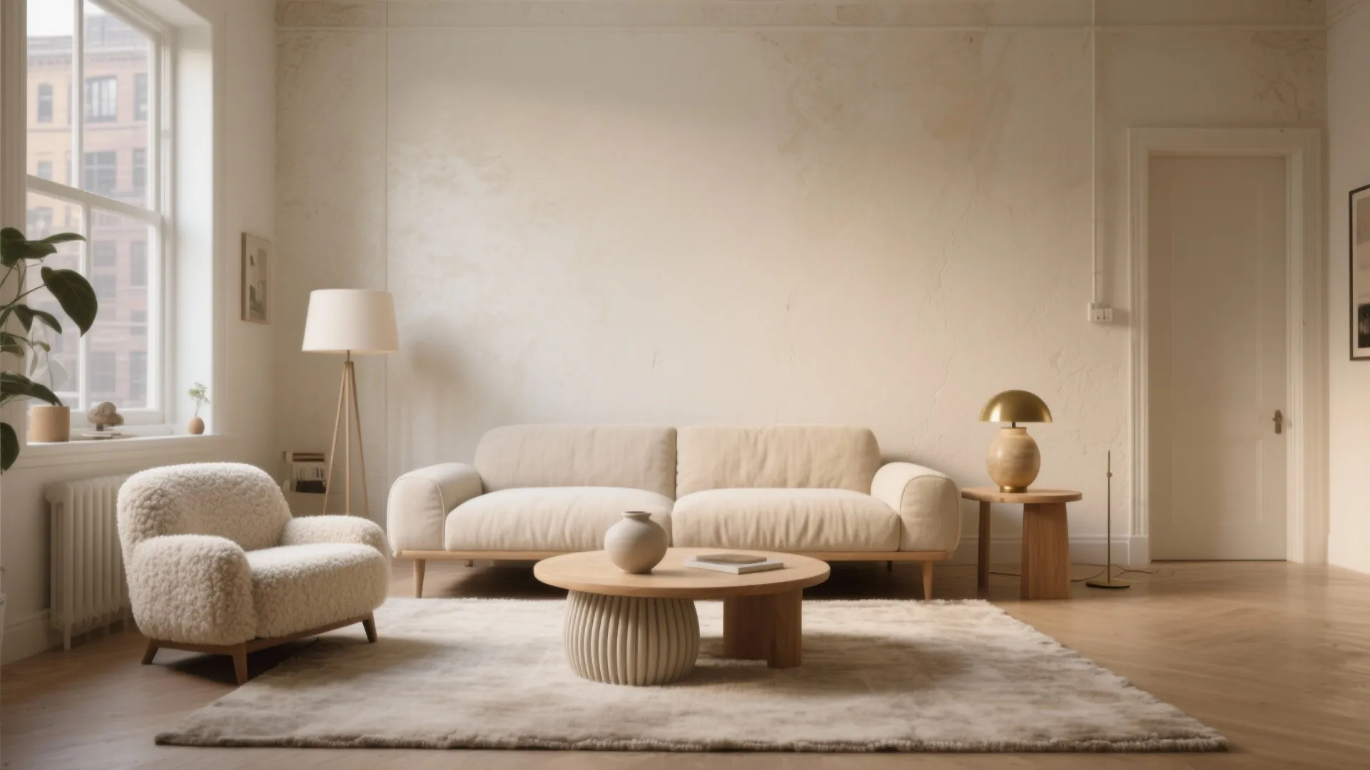 Warm beige living room with cream sofa fuzzy armchair wooden coffee table floor lamp and rug