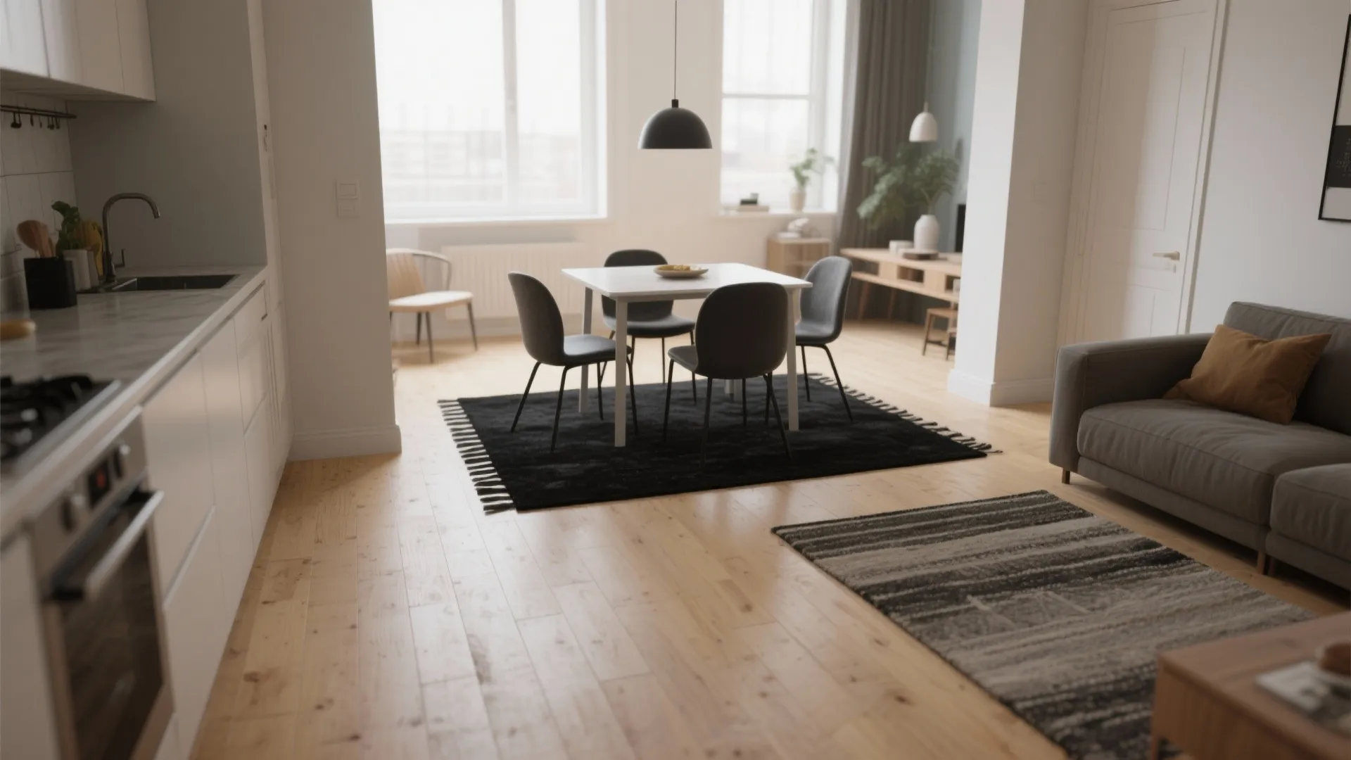 Modern open living area with wooden floor black rug under dining table and grey sofa