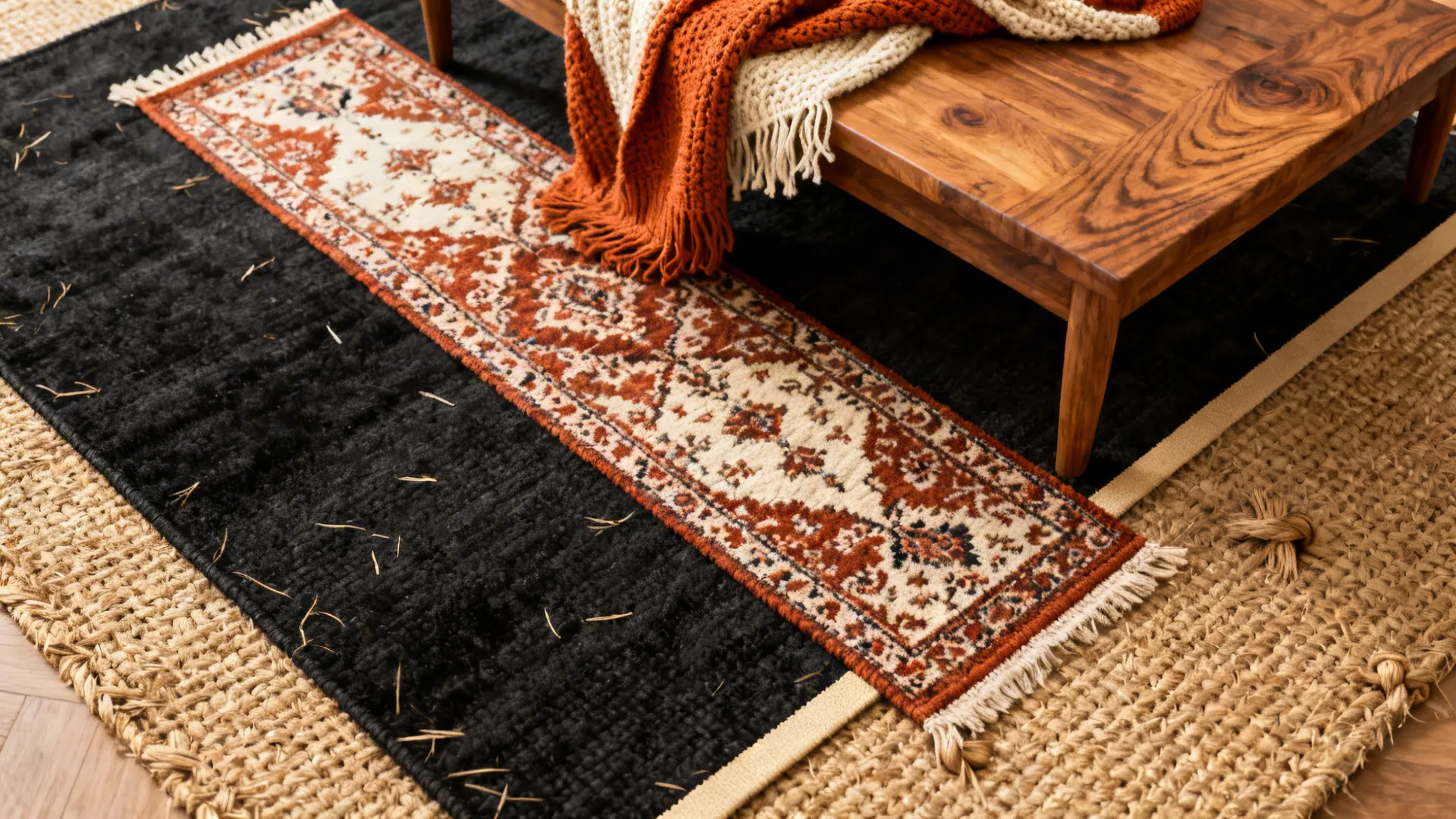 Layered rugs with a patterned runner over a deep-black sisal base with warm wooden furniture