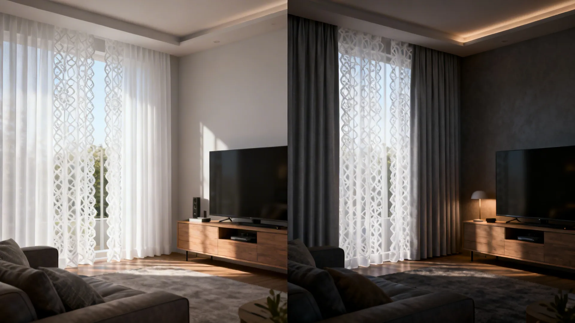 Split image showing decorative white curtain alone versus layered with grey blackout backing for light control.