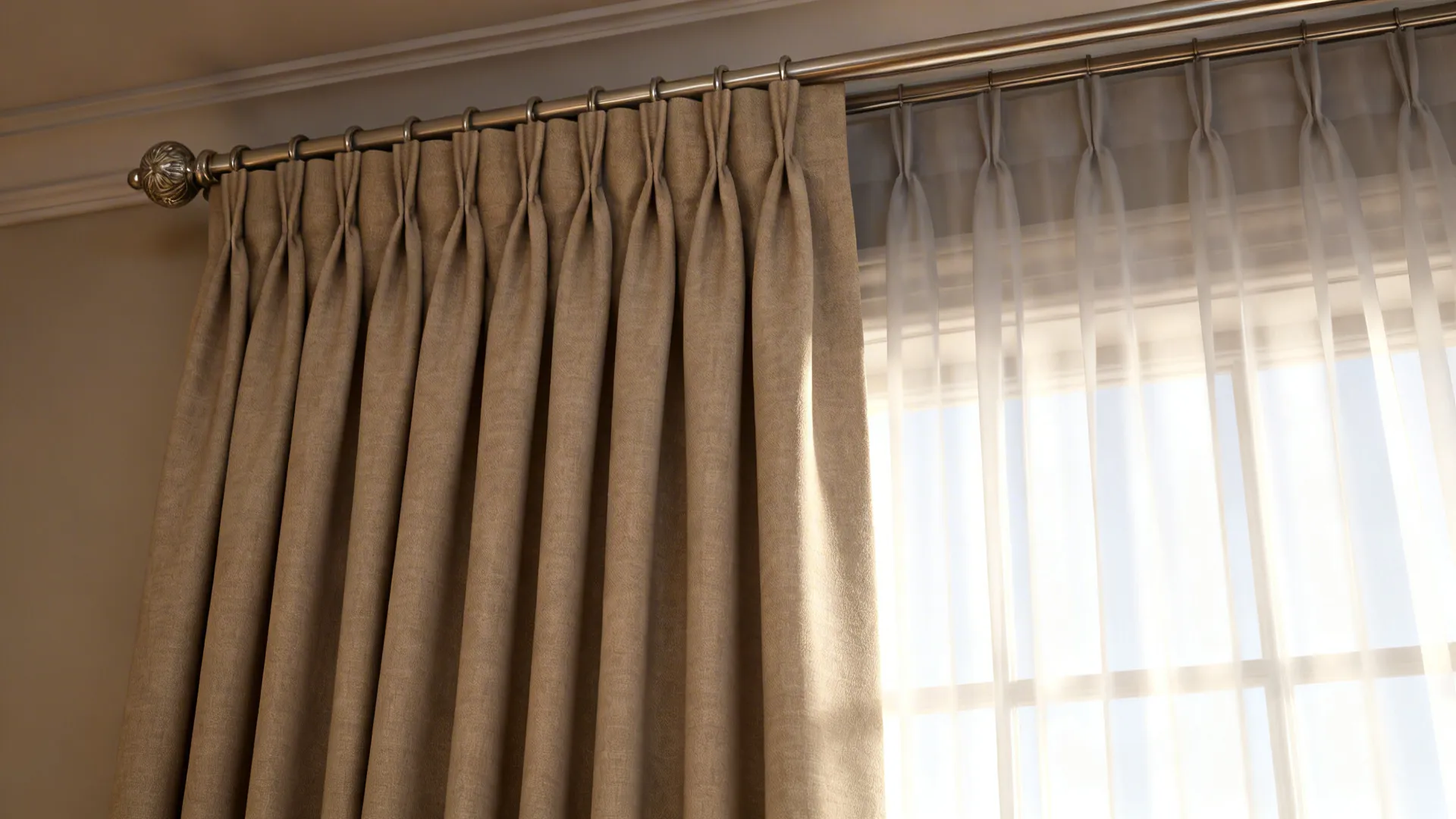 Close-up of layered blackout panel with sheer curtain showing fabric texture and hardware.