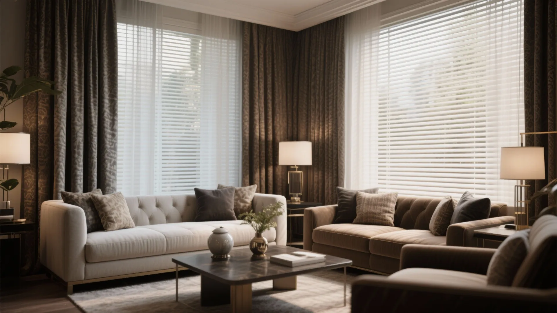 Living room with layered blinds and luxurious curtains