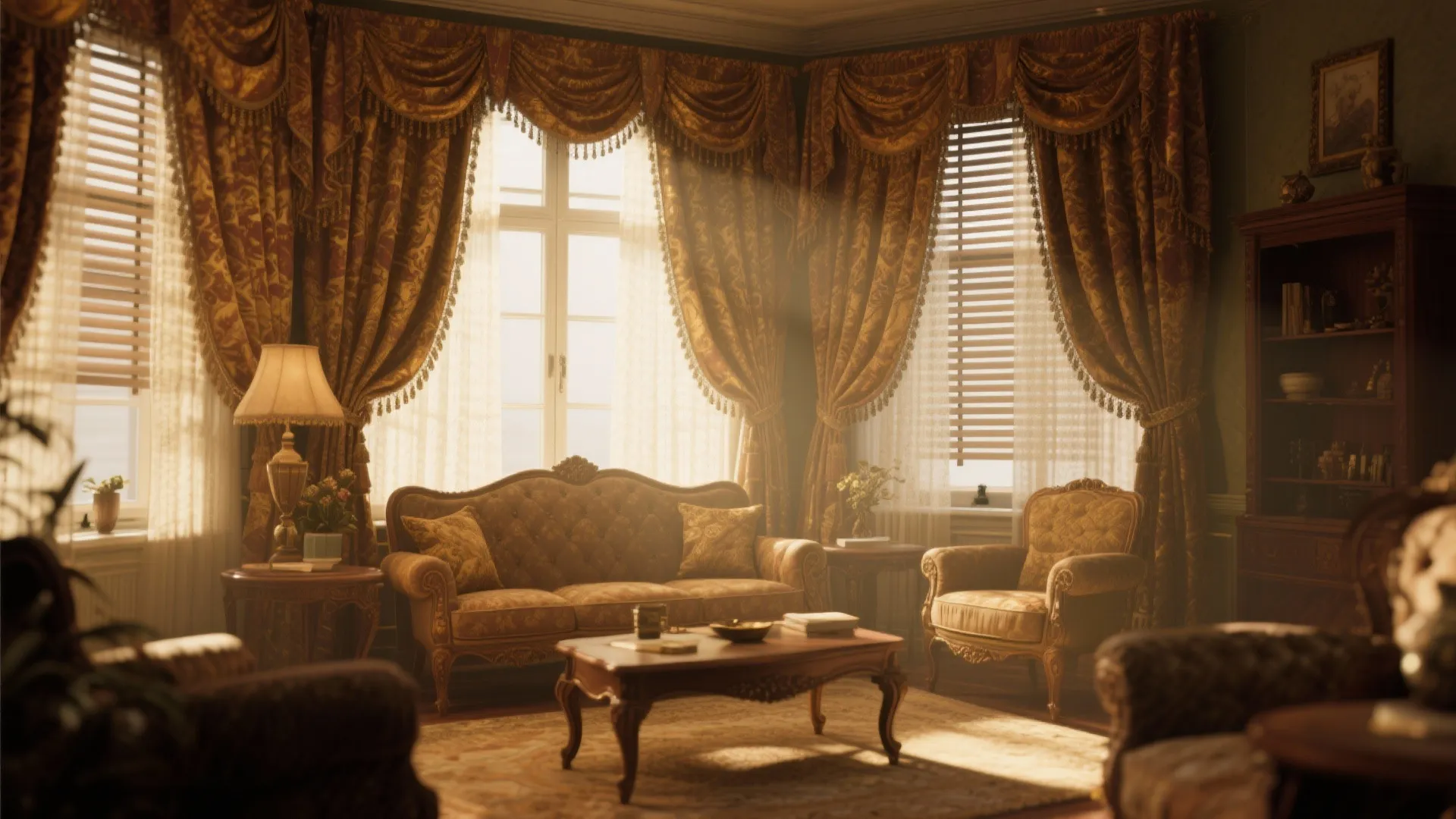 Vintage living room with blinds layered beneath drapery