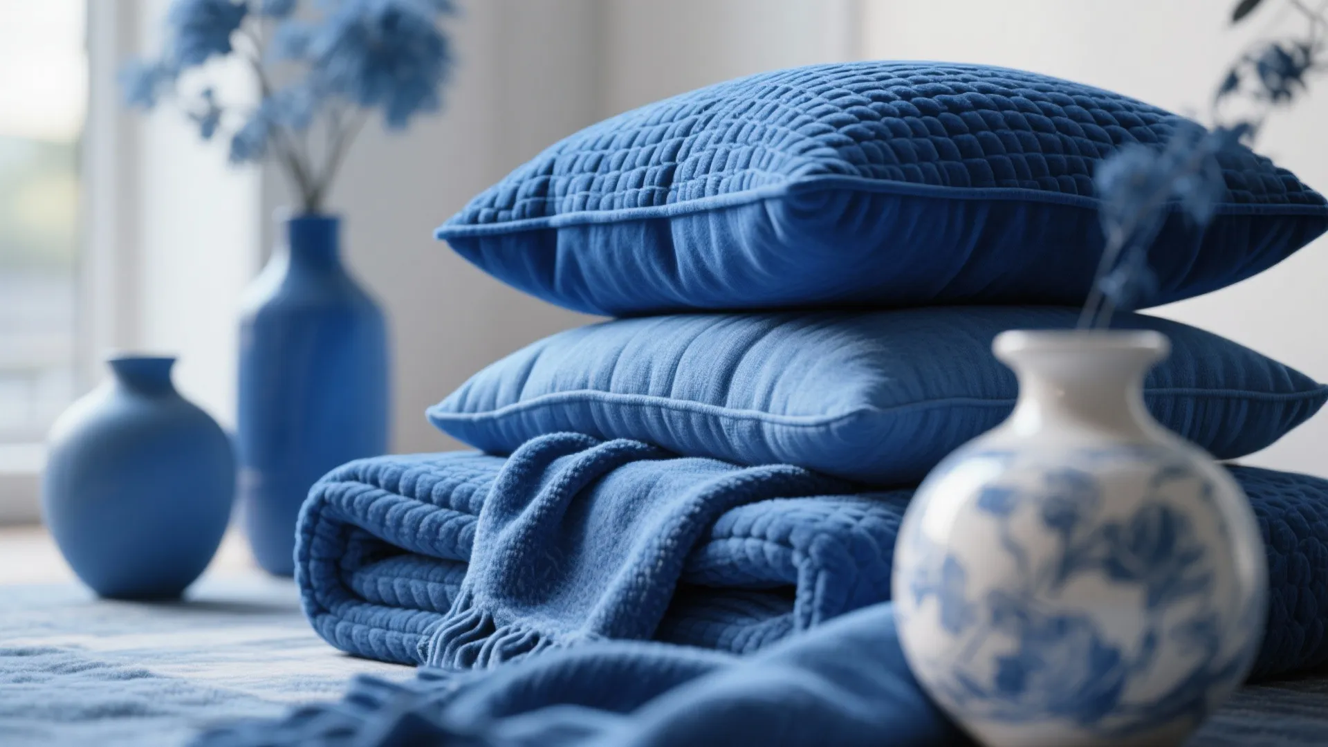 Stack of blue textured pillows on a blue blanket next to decorative vases and flowers