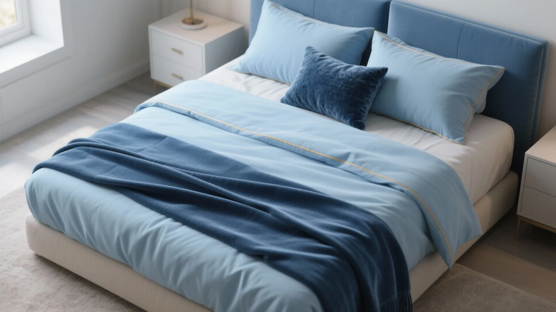 Idea 2: Layered blues in bedding, with subtle gold details