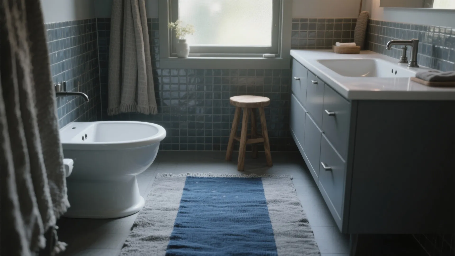 Bathroom interior with blue wall tiles a wooden stool and a blue striped floor rug