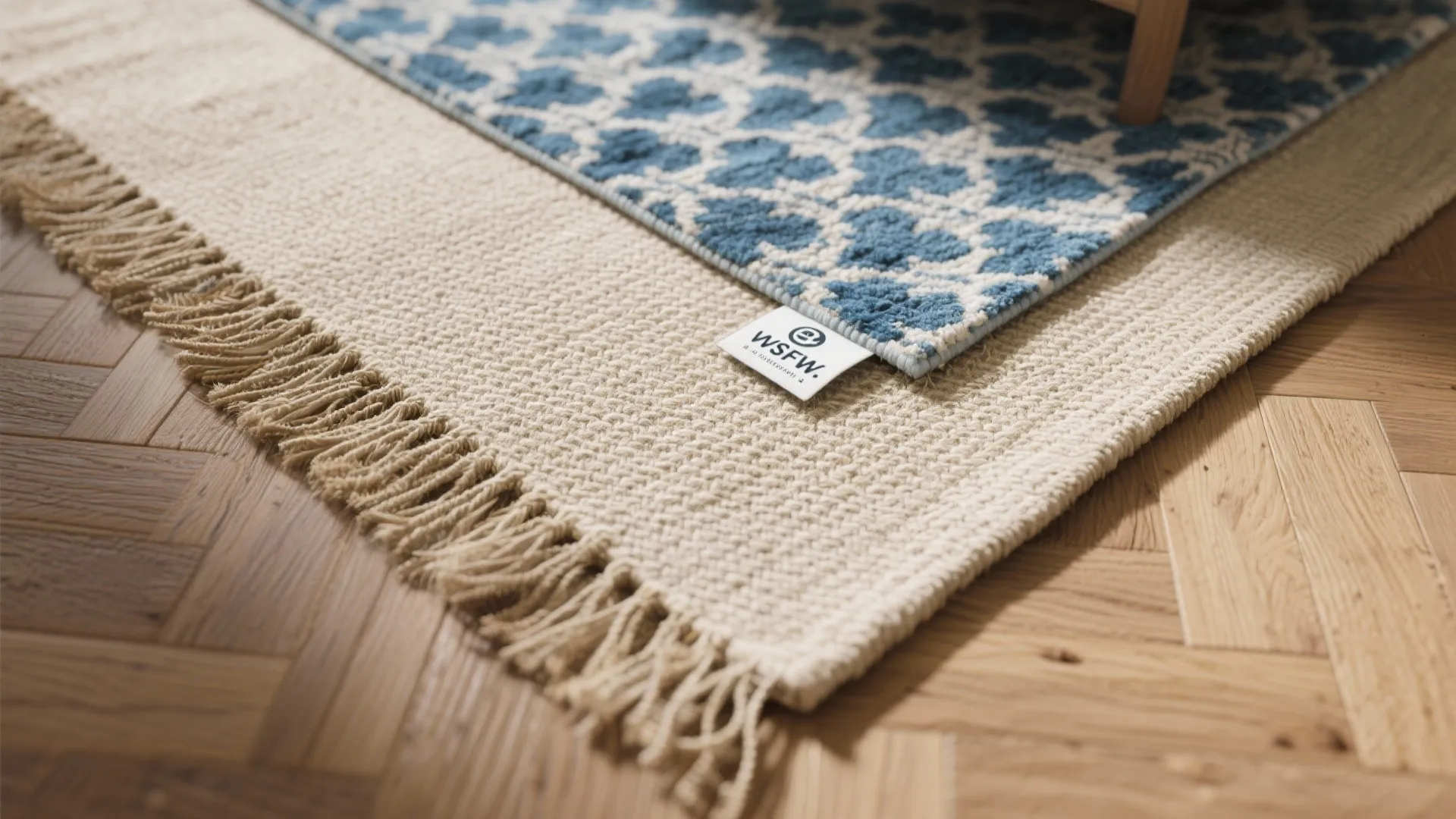 Close up view of blue patterned rug layered over beige textured rug on wood floor