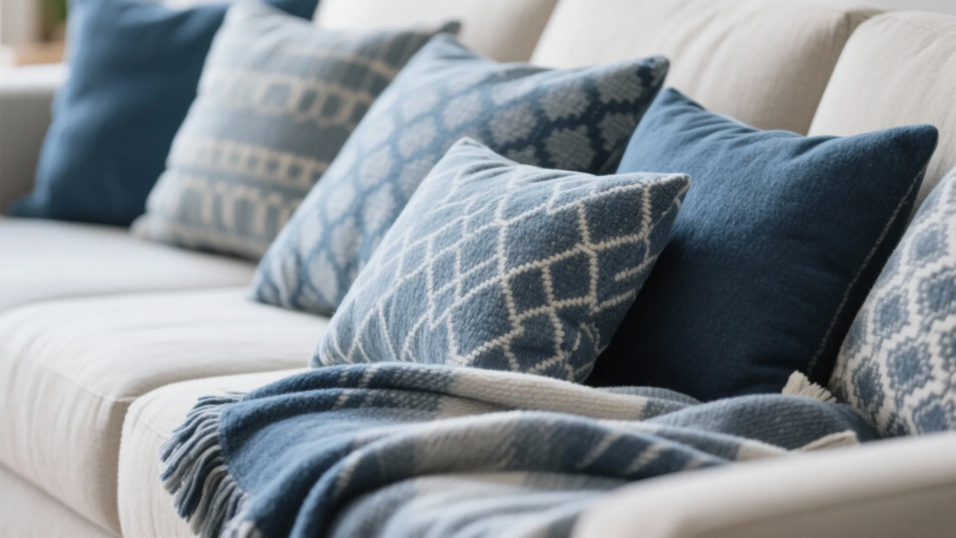 Close up of a beige sofa with blue patterned pillows and a matching blue blanket