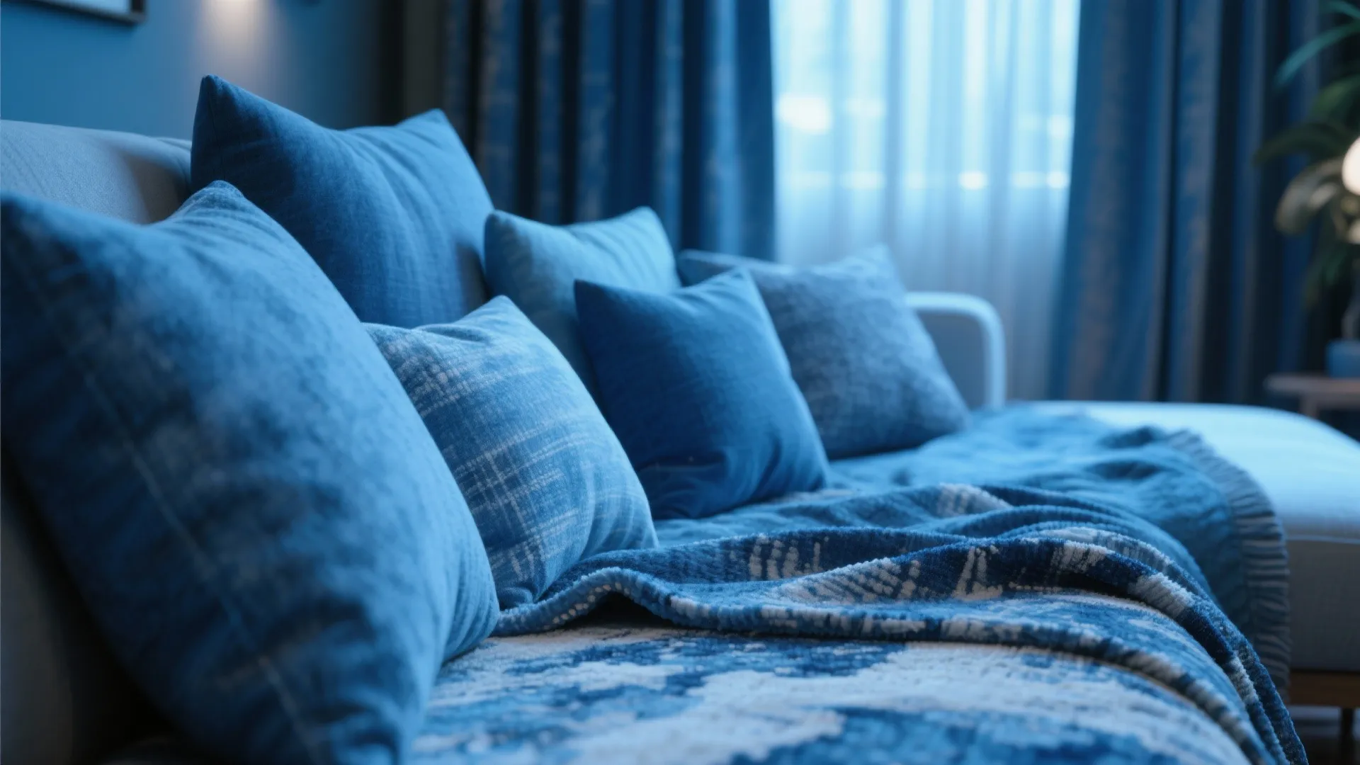 Close up of blue pillows and a textured blue blanket on a comfortable grey sofa