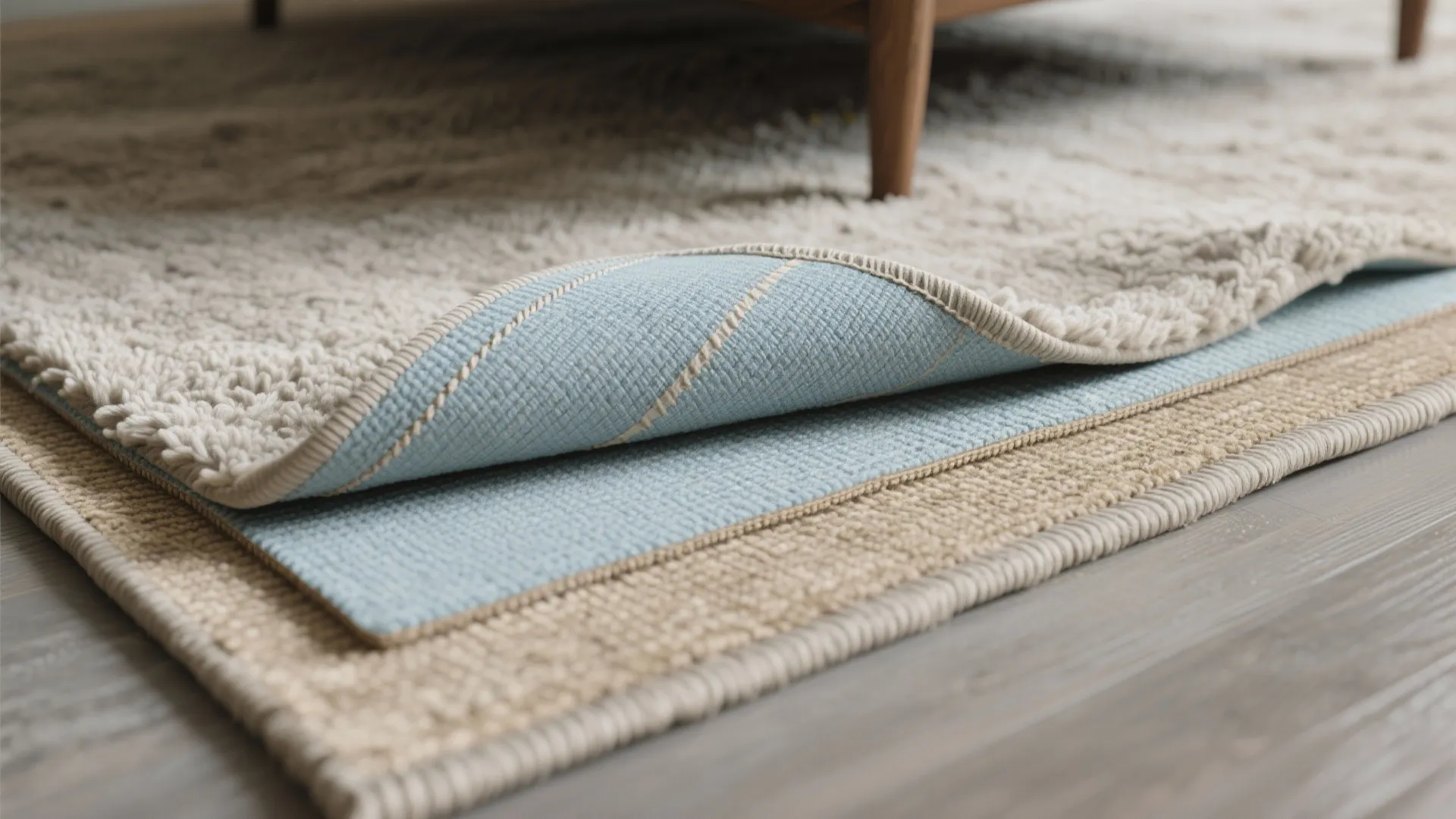 3. Layering Rugs — Soft Blue Underlay