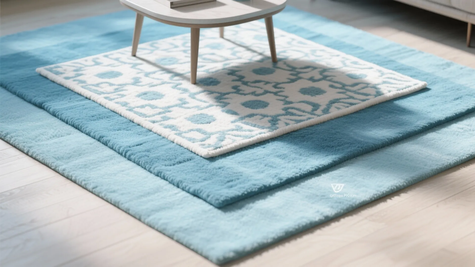 Three layered area rugs in blue and white patterns placed under a small wooden table