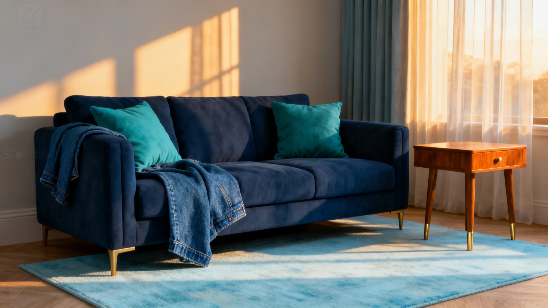 Navy sofa with layered teal cushions, denim throw, and pale sky-blue rug in a cozy corner