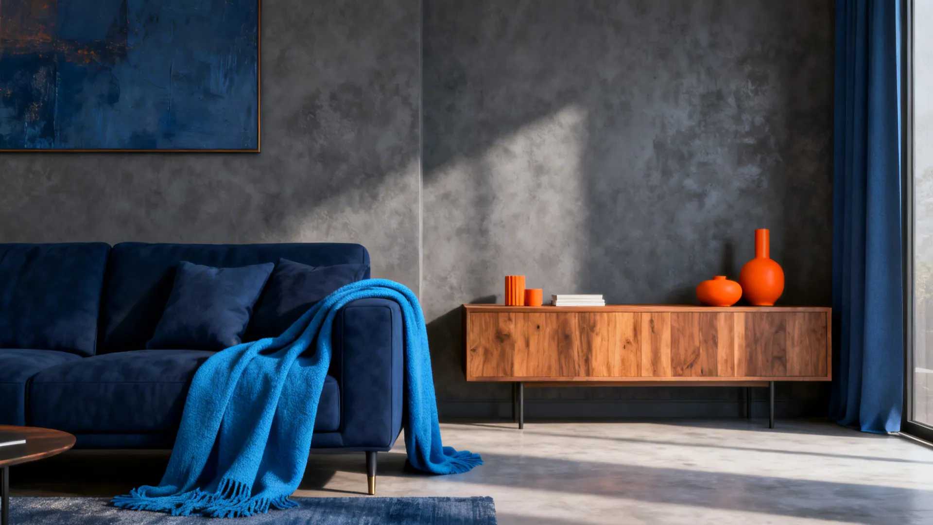 Living room showing layered blues with navy, cerulean, and slate and small orange accents.